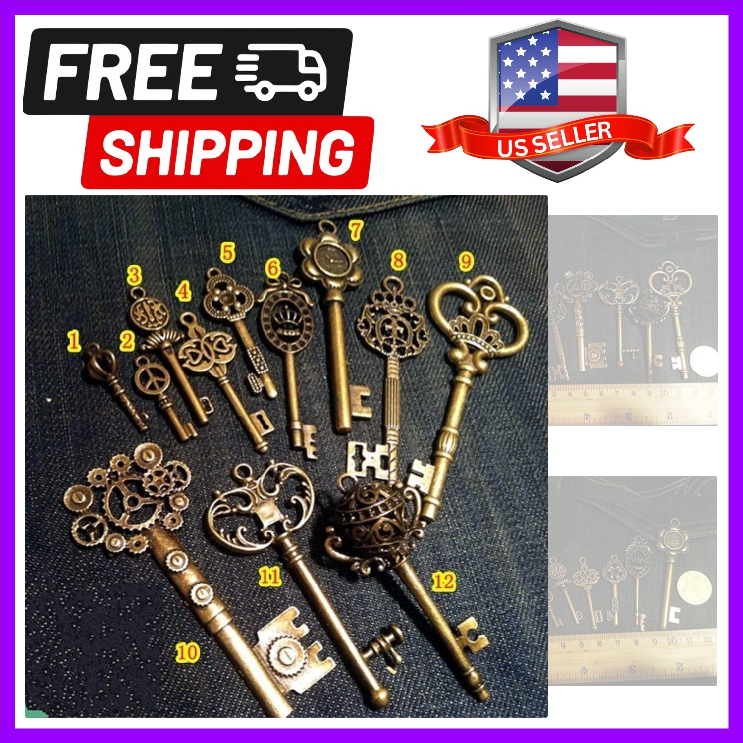 Vintage Skeleton Keys Charm Set Royal Key in Antique Bronze Pack of 12 Keys, …