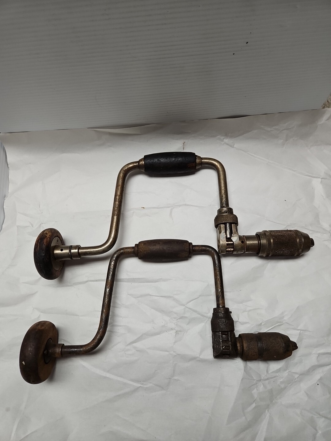 2 Antique Hand Drill Wood Steel 1 STANELY Metal Woodworking Craftsman Old Shop