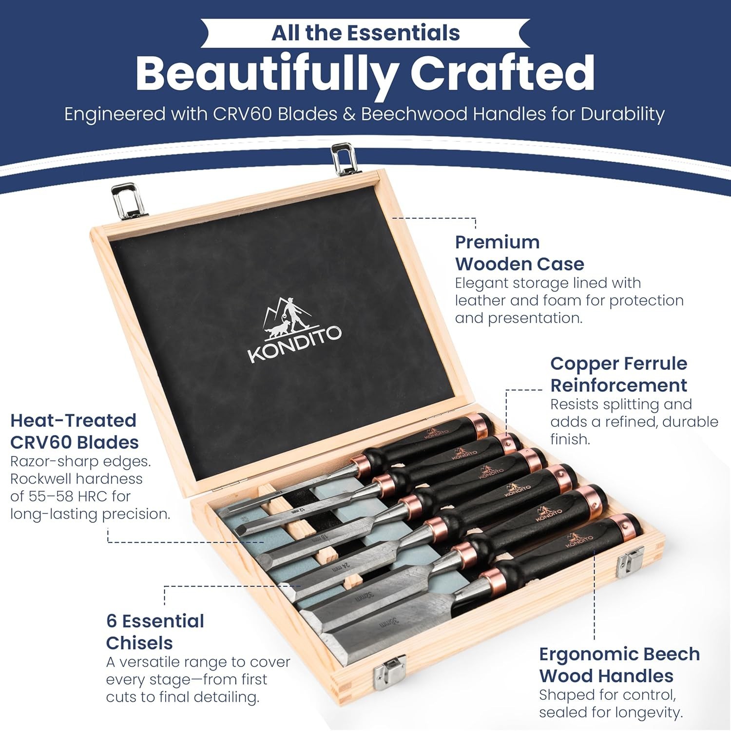 Professional Wood Chisel Set – Complete Chisel Kit with 6 CRV60 Steel Blades (6–