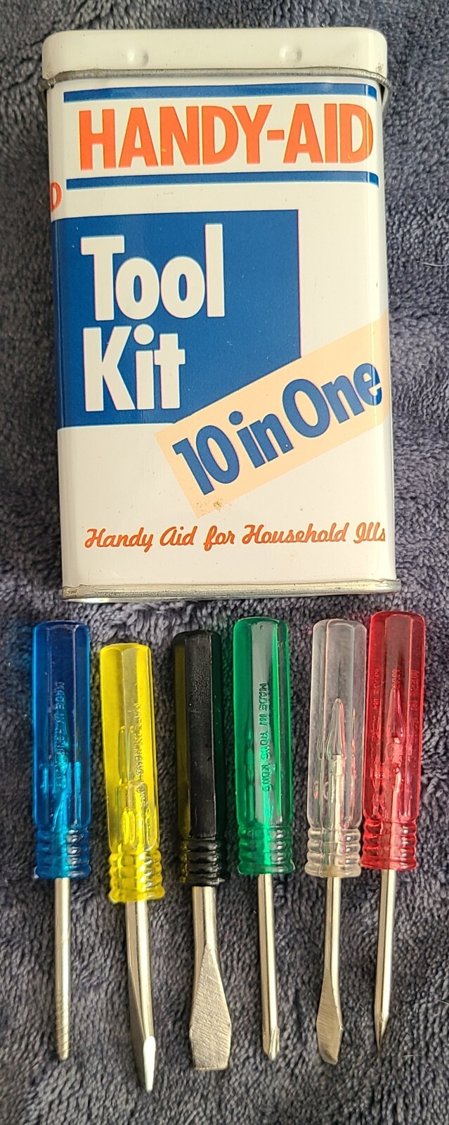 Vintage Handy-Aid 10 in One Pocket Tool Kit Screwdriver Set with Graphic Tin