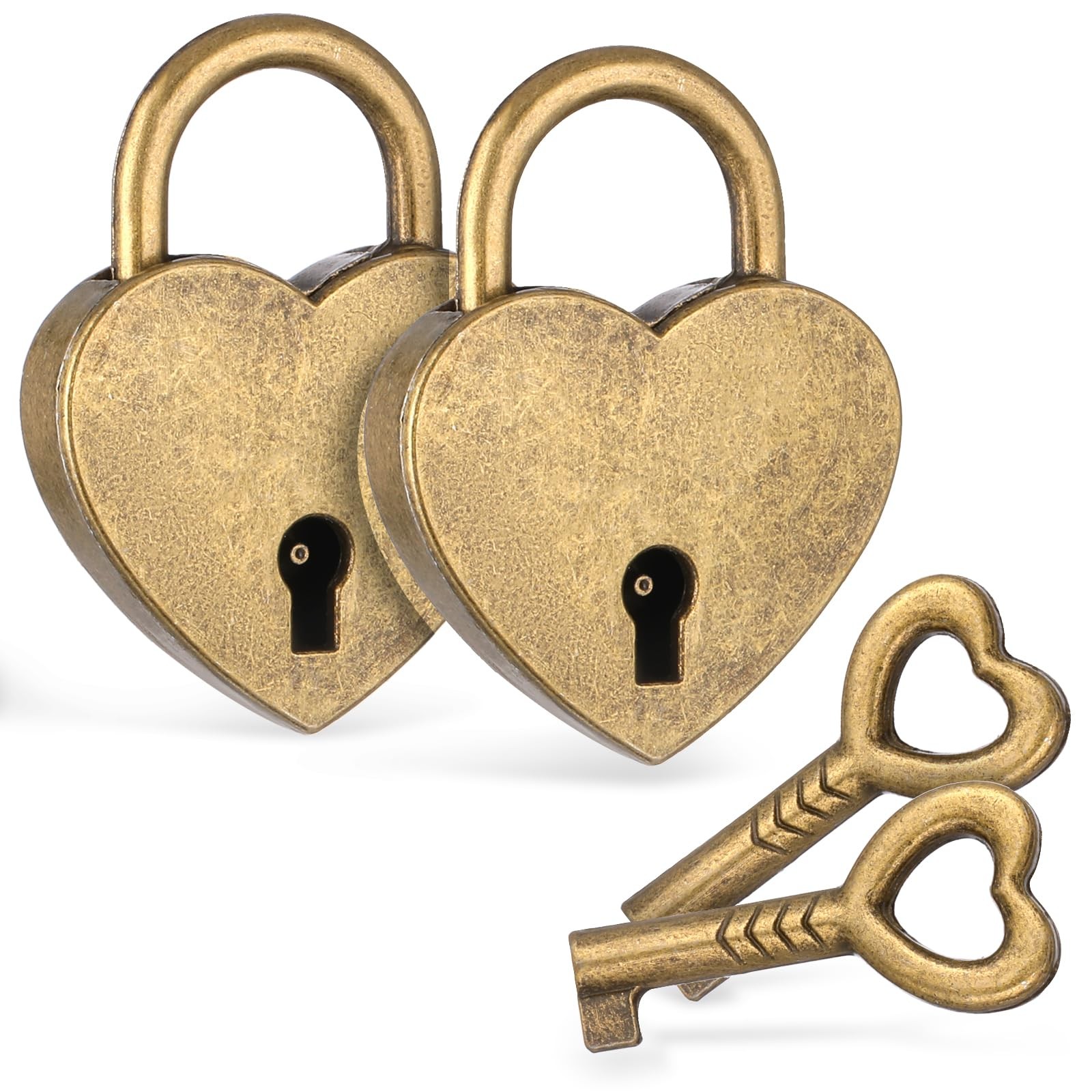 2 Pcs Love Lock for Bridge, Bronze Mini Heart and Key, Vintage Copper