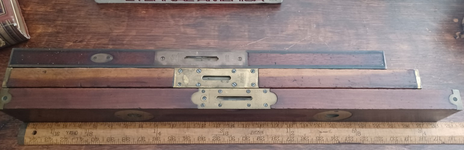 Stratton Bros. No. 1 Brass Bound Rosewood Level 24″ circa 1888, PLUS 2 Stanleys!