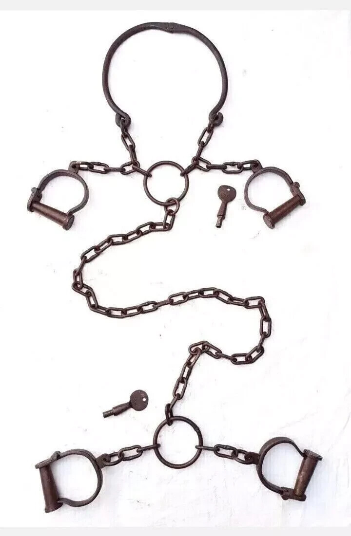 2 key Iron Handcuff Antique Handcrafted Rare Neck Leg & Hand Shackles