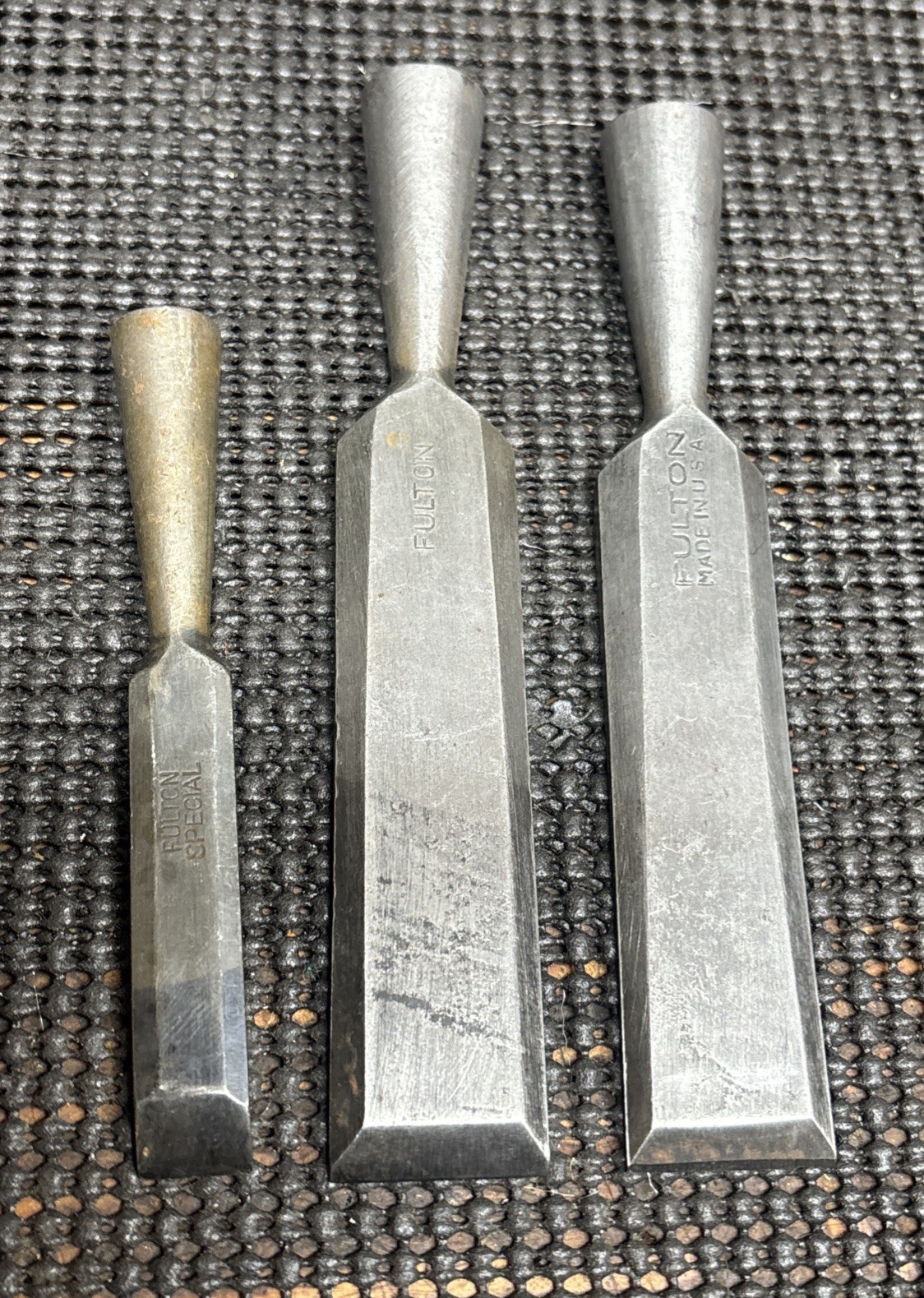 Lot 3 FULTON SPECIAL Beveled Edge Socket Wood Chisels Tools. Two 1” & 1/2”