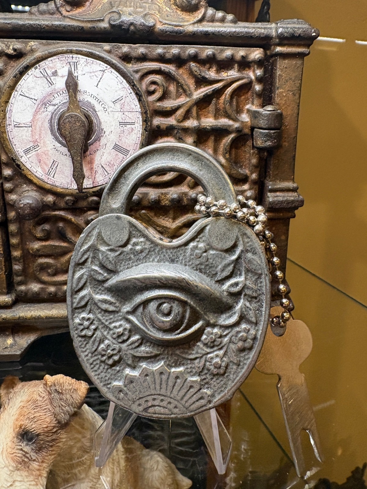 Antique Padlock , Evil Eye Storylock. (repaired)