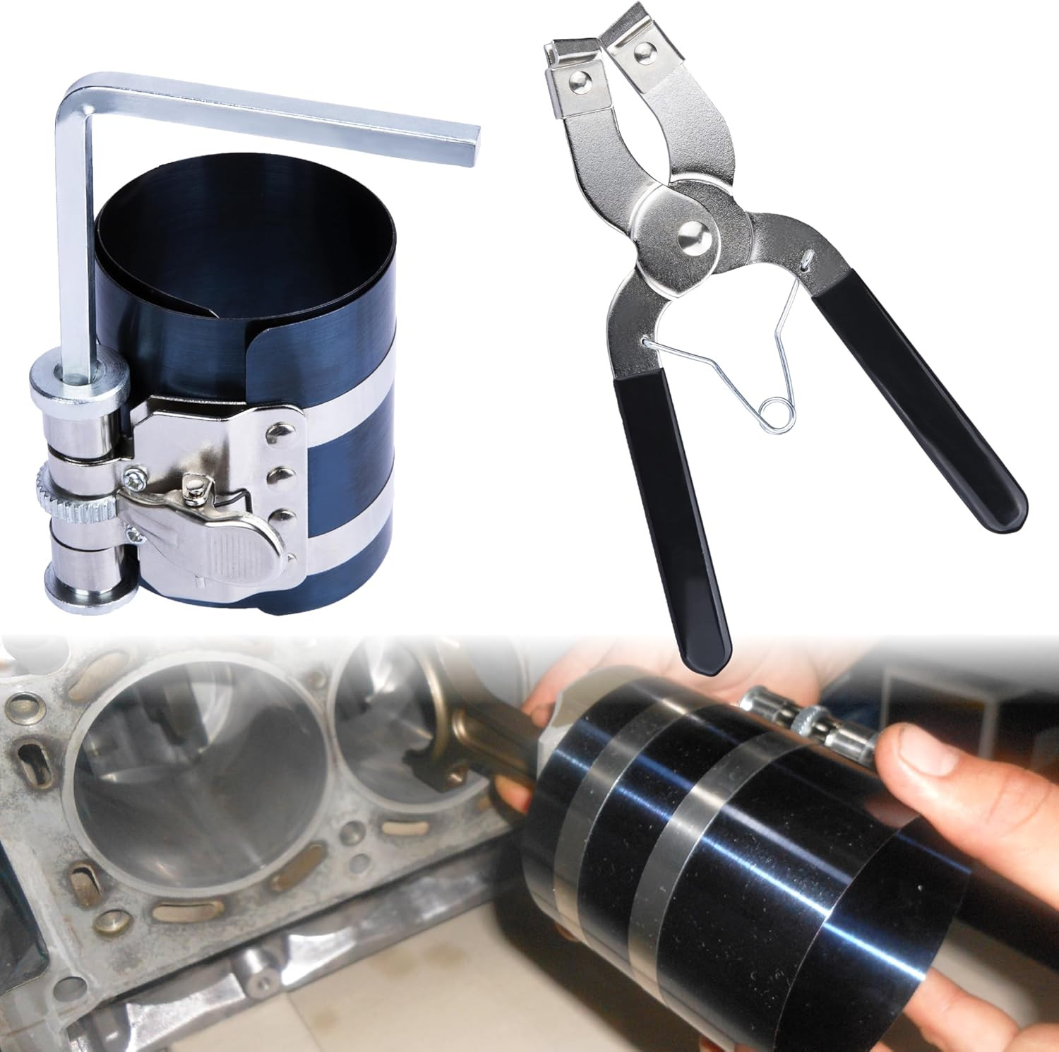 Piston Ring Compressor Tool, Car Engine Piston Ring Installer Removal Kit, Adjus