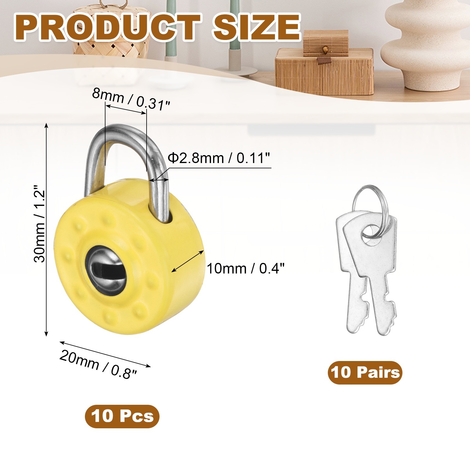 10Pcs Mini Diary Padlock, Small Diaries Lock with 2 Keys Yellow