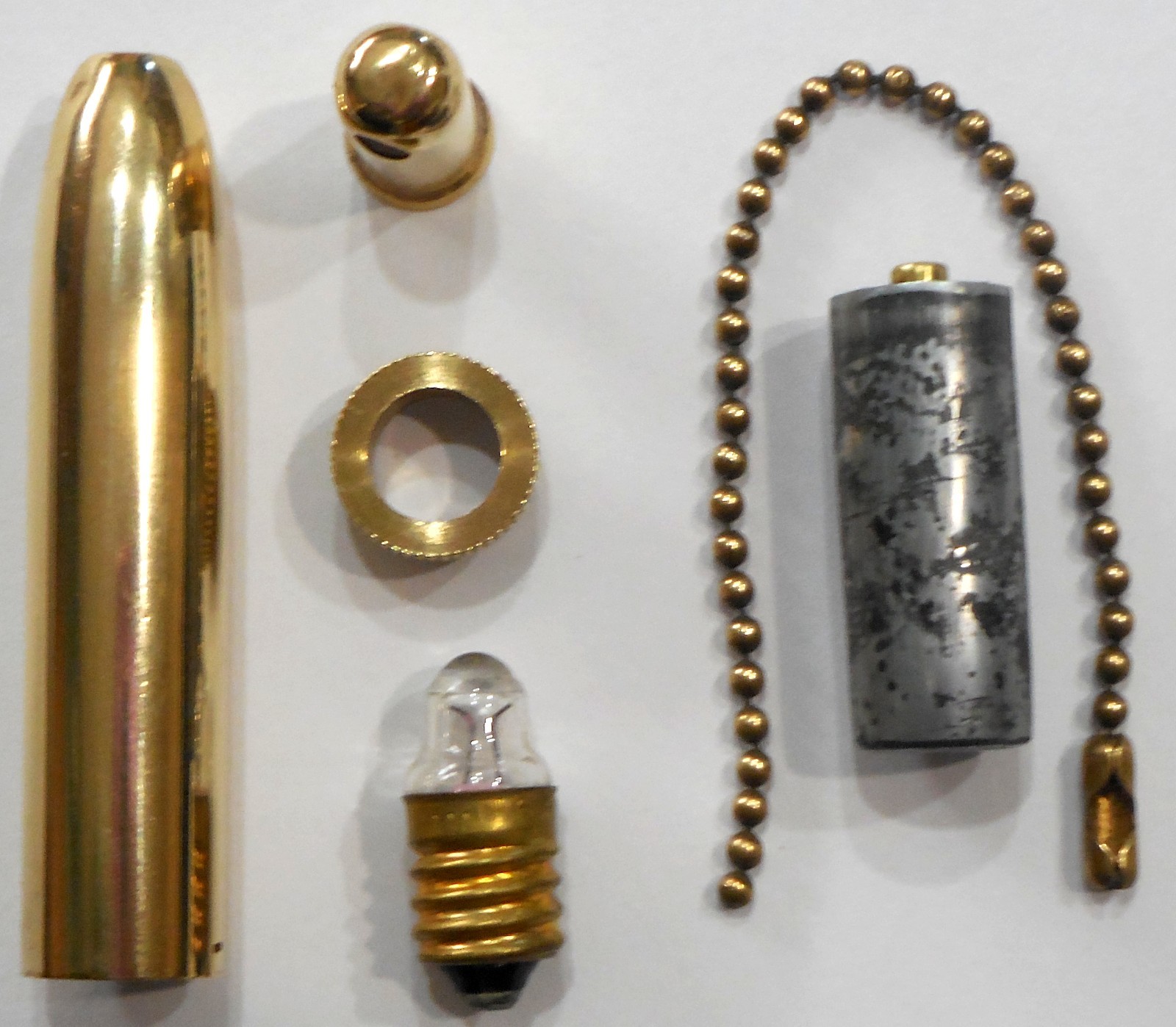 Antique Brass Bullet Flashlight w/ Original Battery & Bead Key Chain