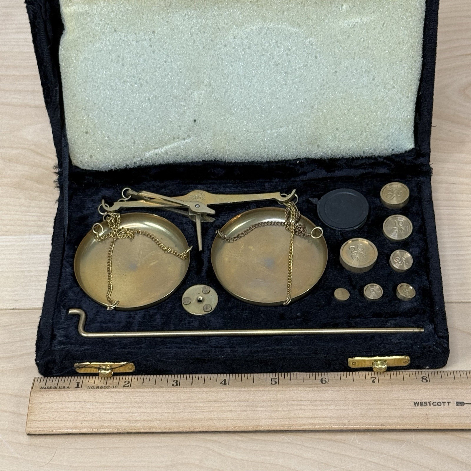 Vintage Brass Balance Scale w/ Gram Weights in Original Case Made In India 50g