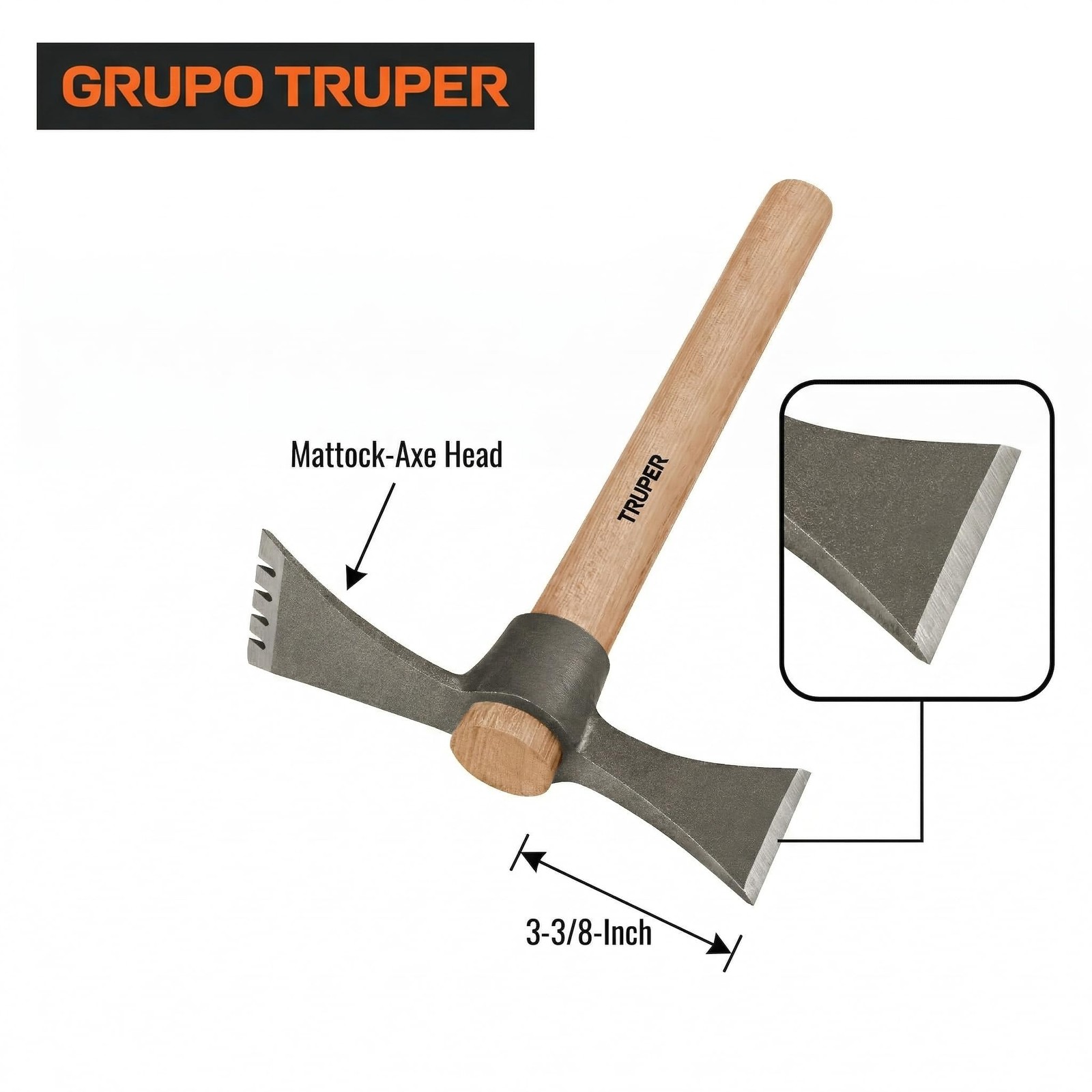 MattockAxe Tool, 20 oz Forged 5160 Chrome Steel Head with 33/8Inch Chisel, 14