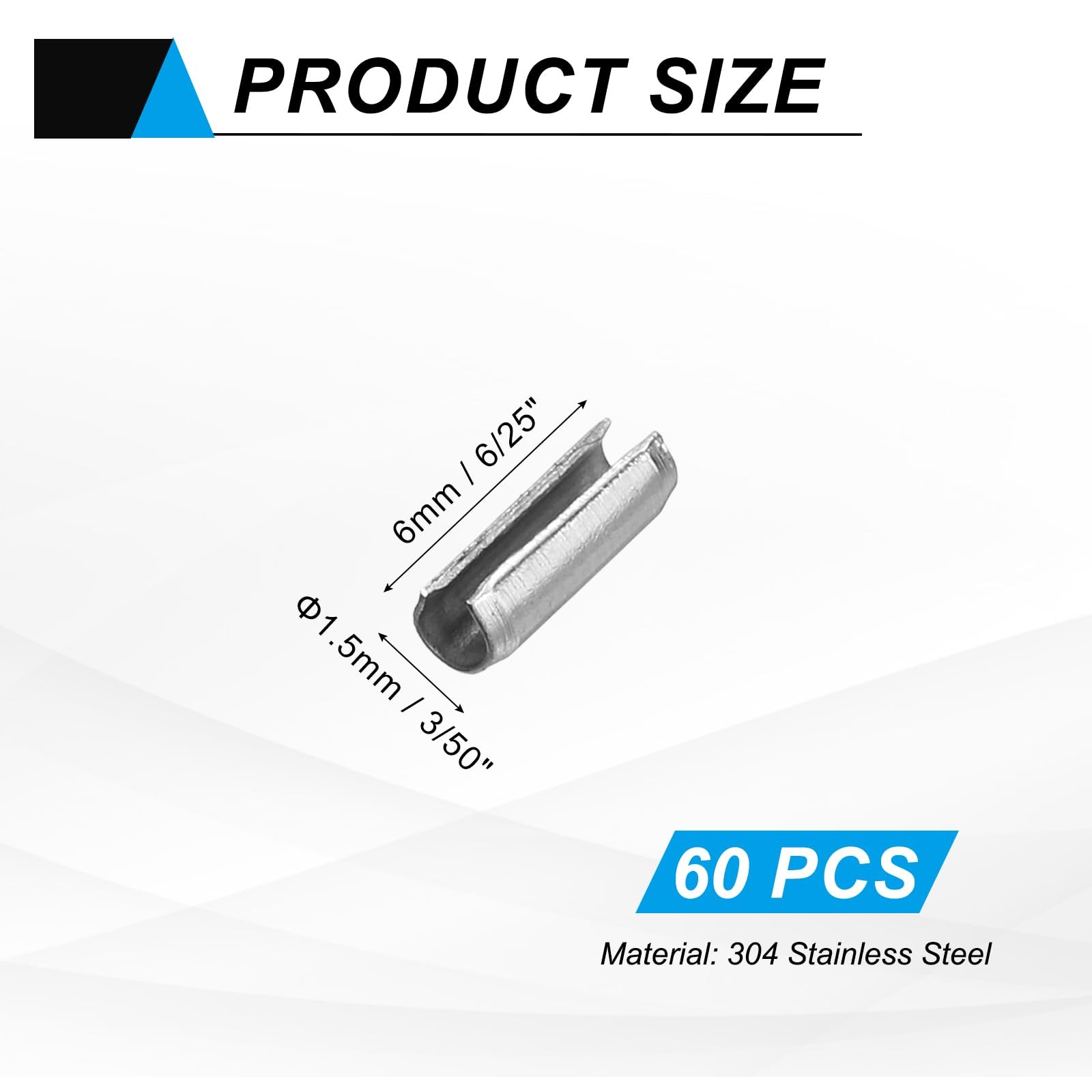 60 PCS 3/50×6/25 Inch 1.5x6mm Slotted Split Roll Pins Steel Spring Dowels