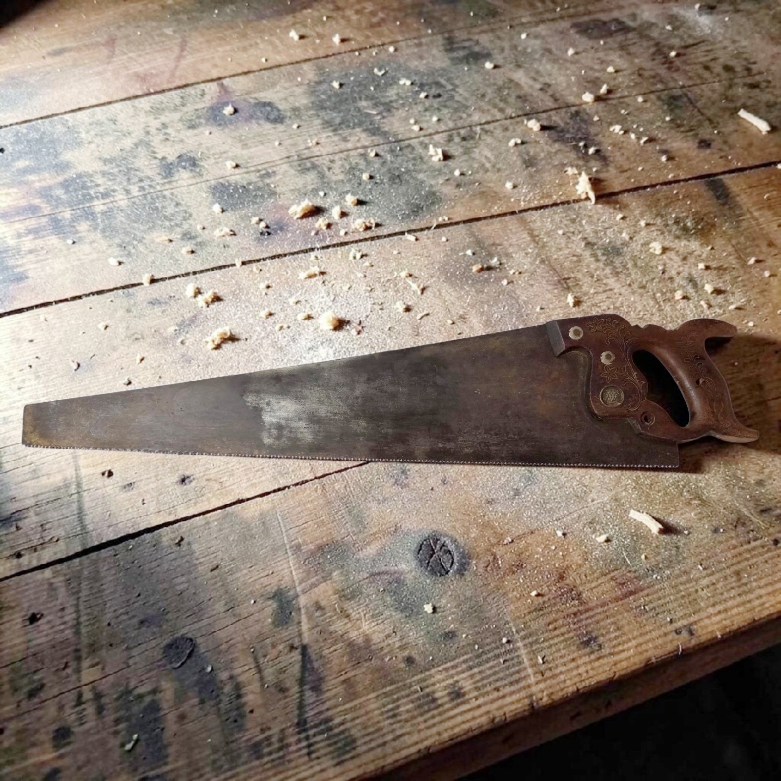 Antique E.C. Atkins Silver Steel 26″ Hand Saw 8 TPI Crosscut Carpenter Tool #65