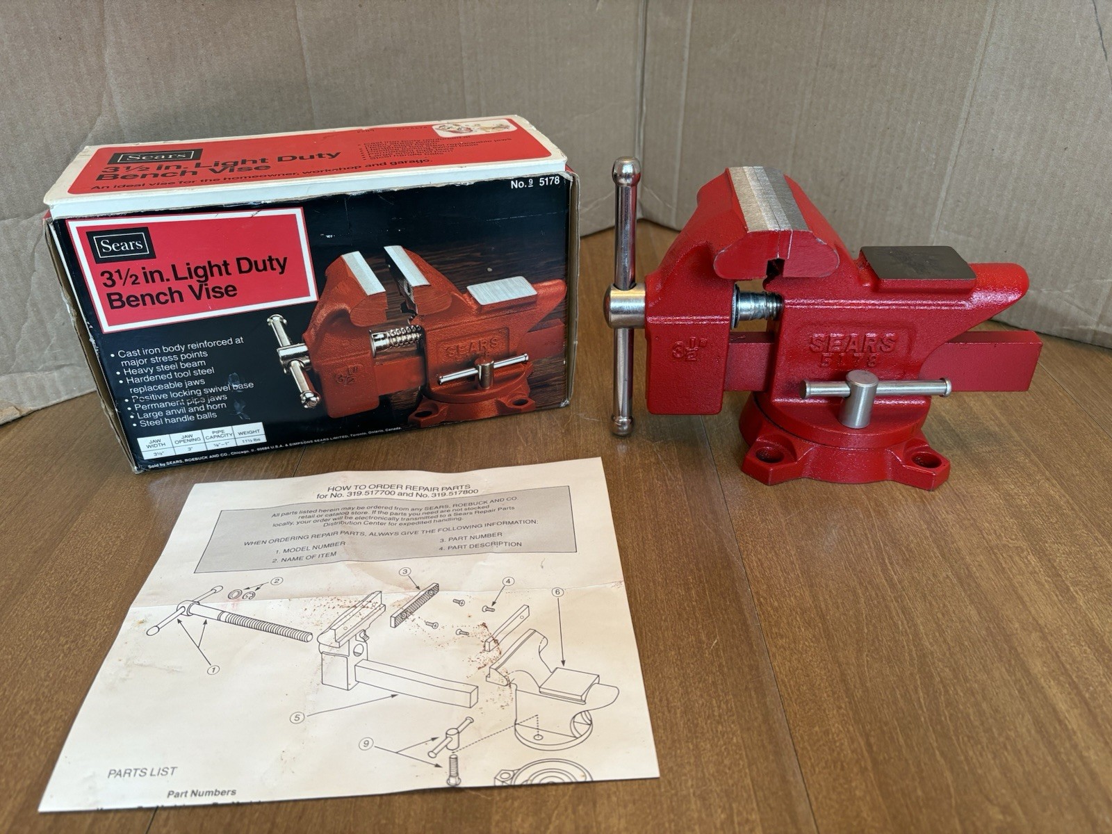 Vintage Sears 3 1/2″ Red Bench Vice 9-5178 Swivel Base