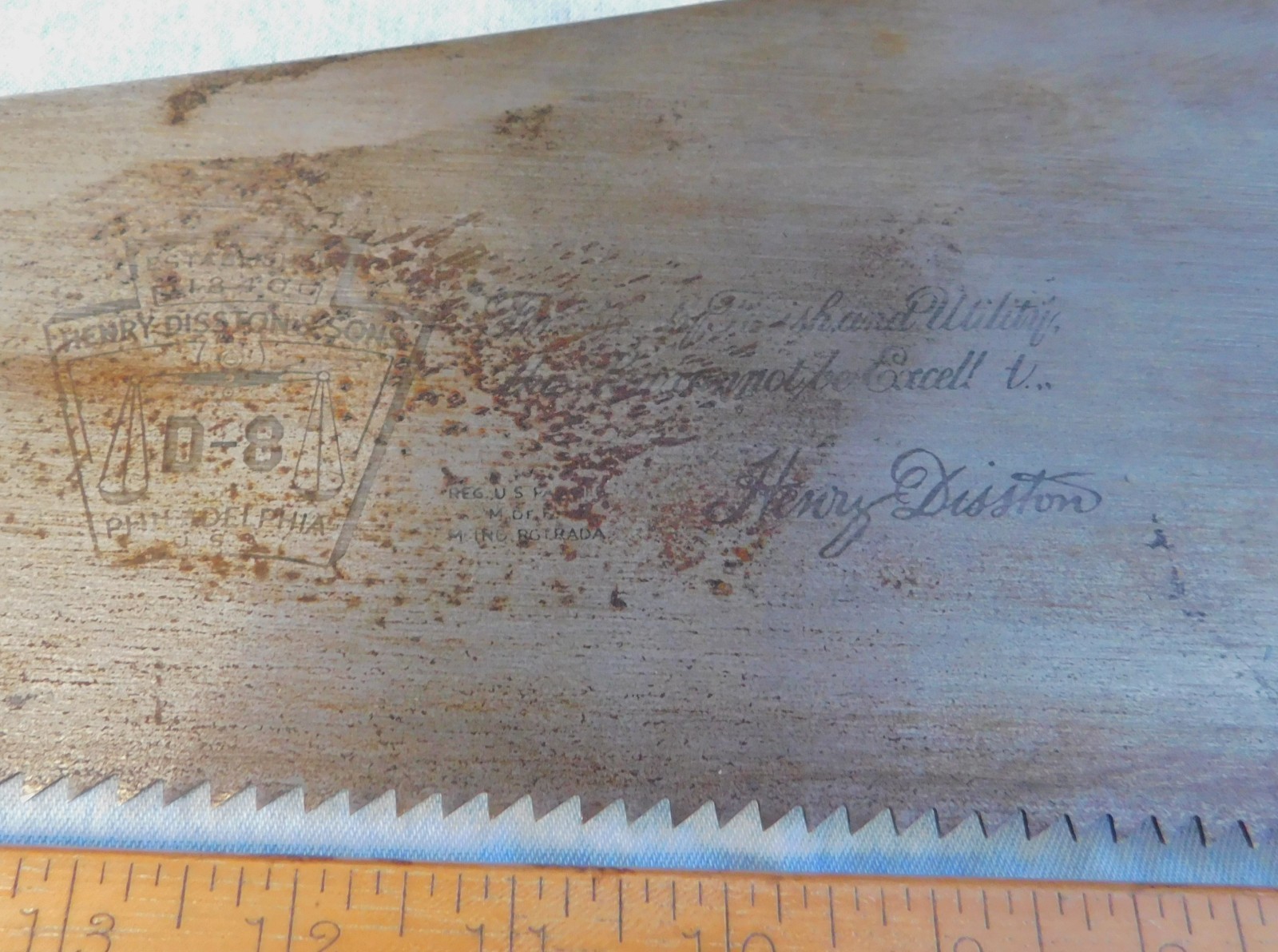 Henry Disston D 8 5 1/2 Pt. Rip Saw Thumb Hole – Straight – Good Etch