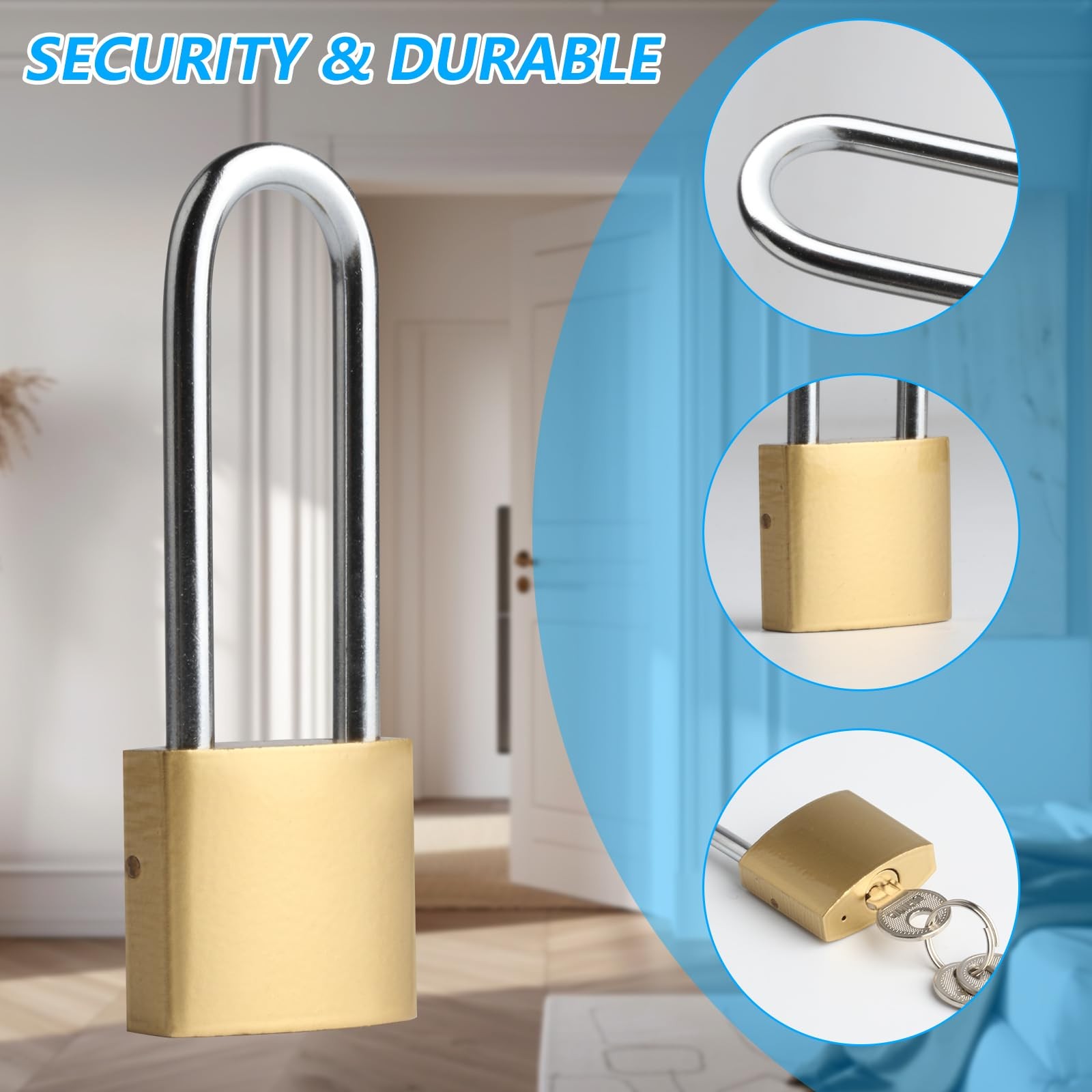 Long Keyed Padlock Waterproof Solid Brass Lock with Keys 3.4 inch 4 PCS Set