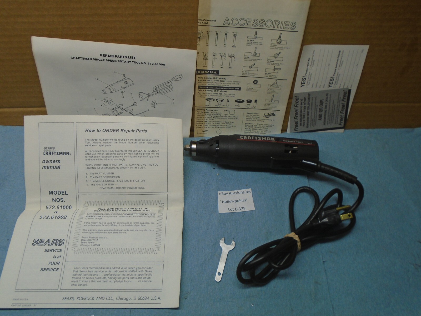 Craftsman USA vintage Dremel Rotary Tool Model 61000 Single Speed 30K rpm E375