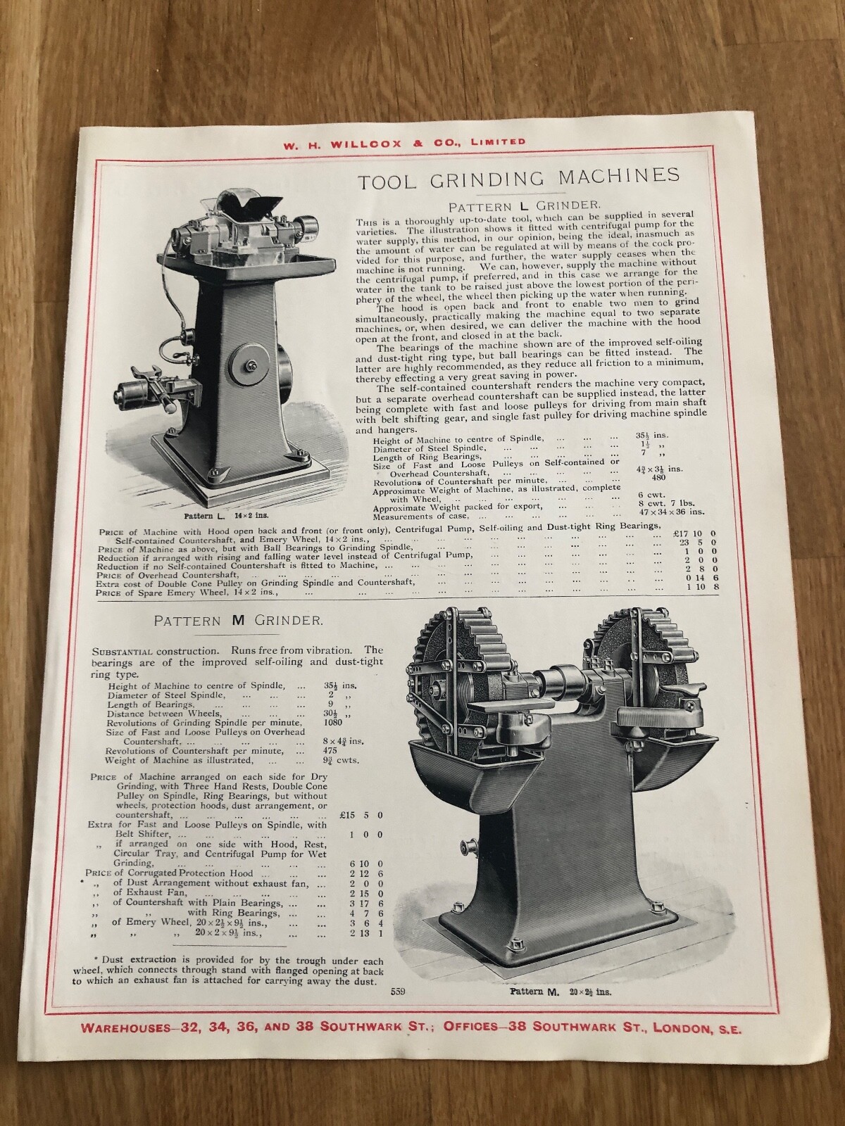 1917 w.h. willcox of london double sided print ! tool grinding machines