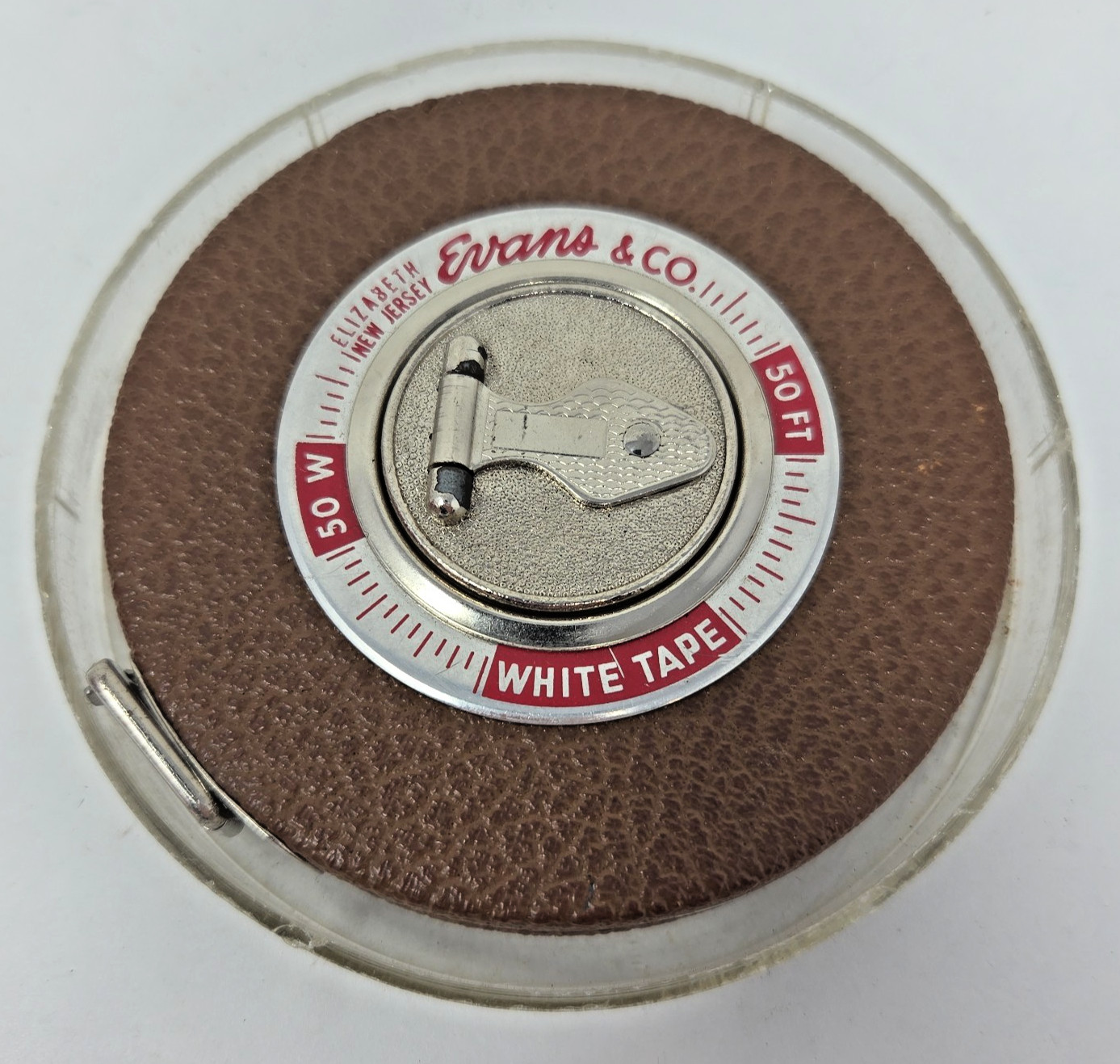 Vtg Tape Measure Evans 50 Foot White Steel USA In Org Plastic And Box Excellent
