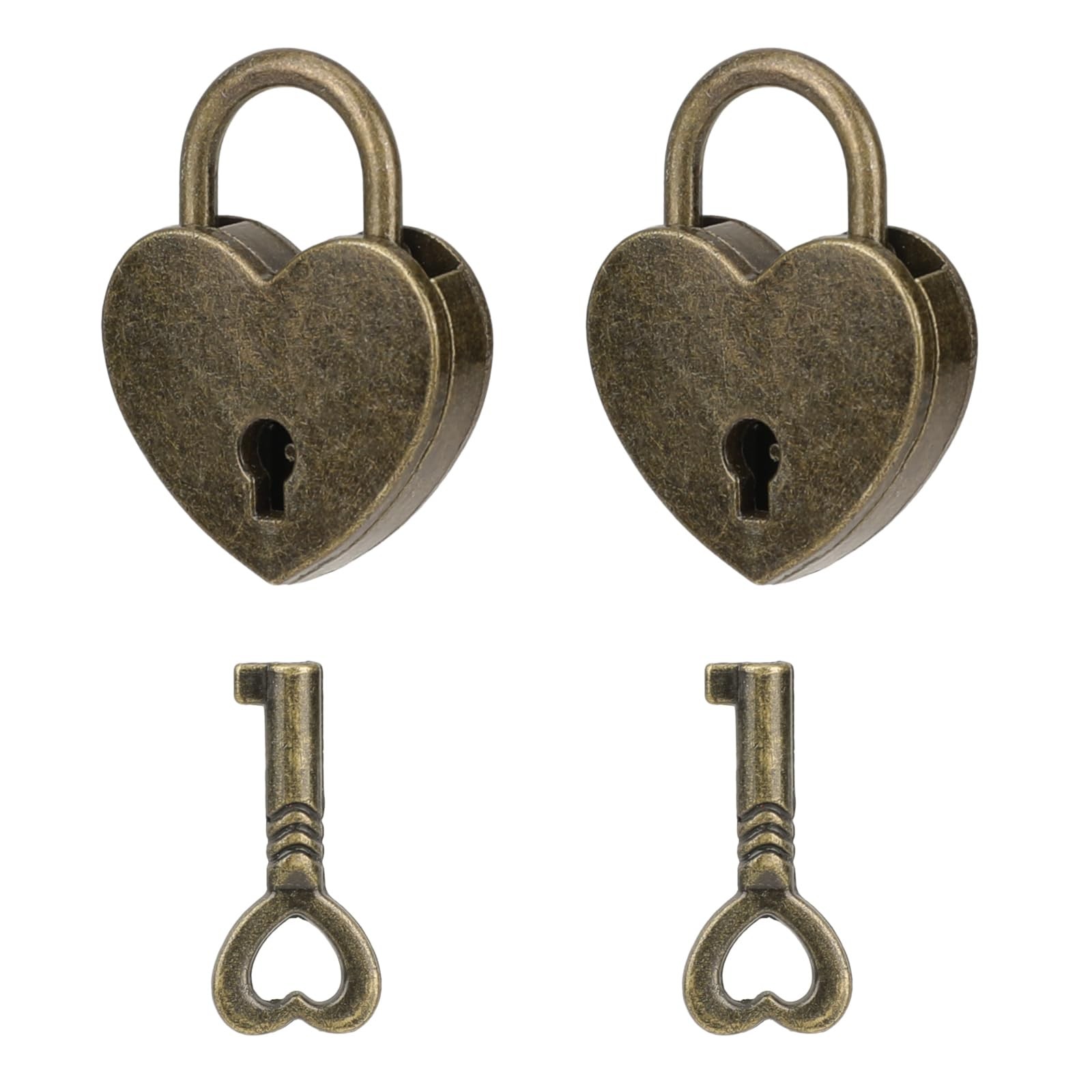 2Pack Mini Bronze Antique Heart Shaped Padlock with Key, Small Metal Vintage Hea