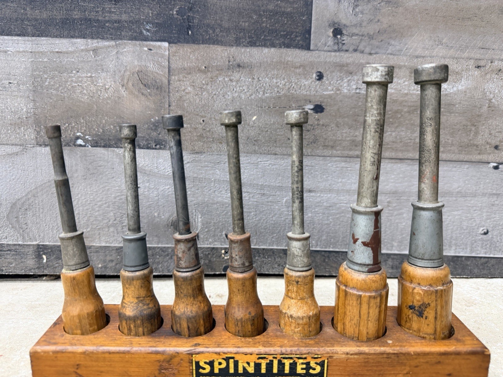 1940 Antique Wood Nut Driver Tool Set Walden Worcester SPINTITES Counter Display