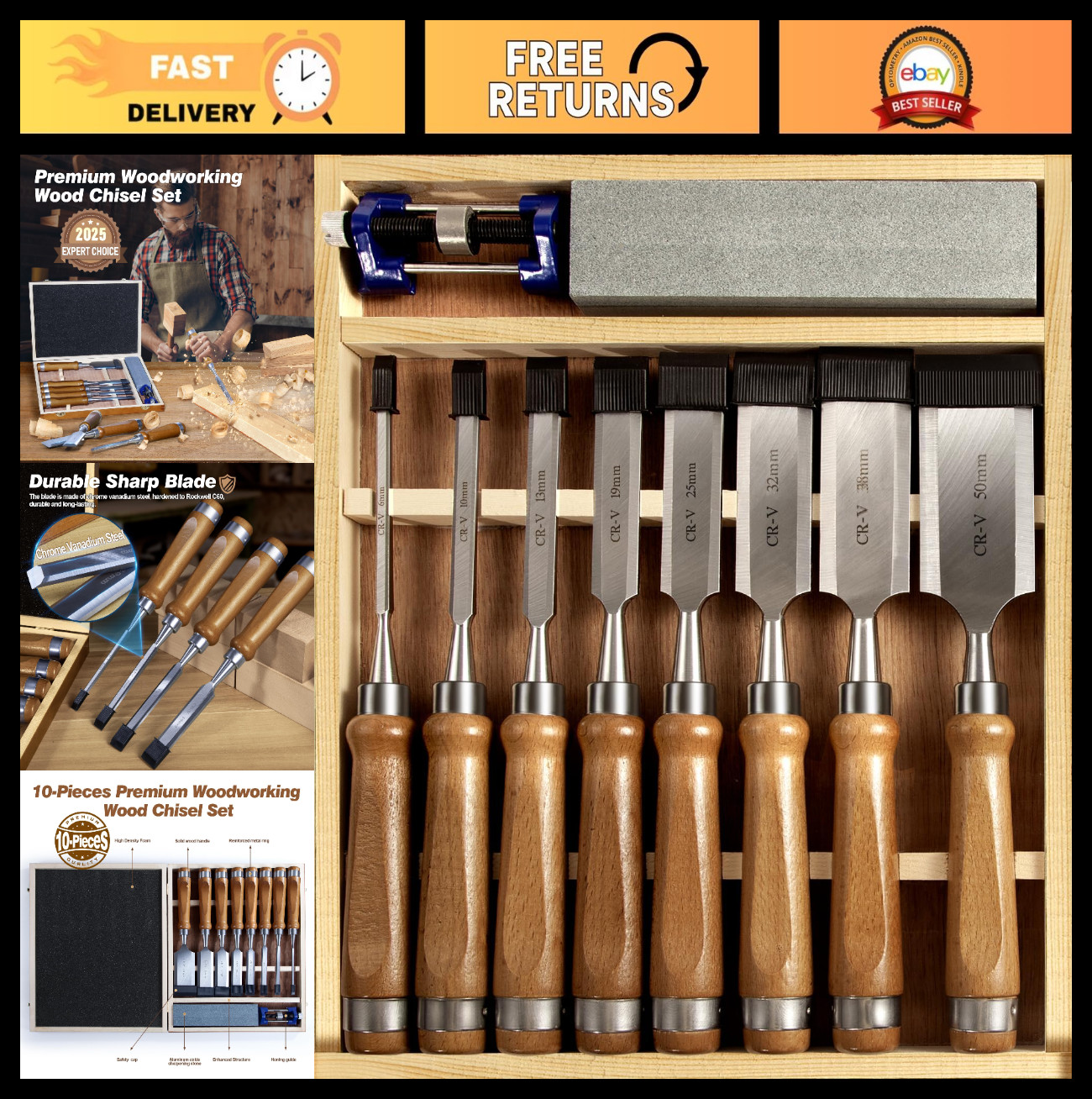 10-Piece Wood Chisel Set, 1/4″ to 2″ Woodworking Tools, Sharp CR-V Blades, Box &
