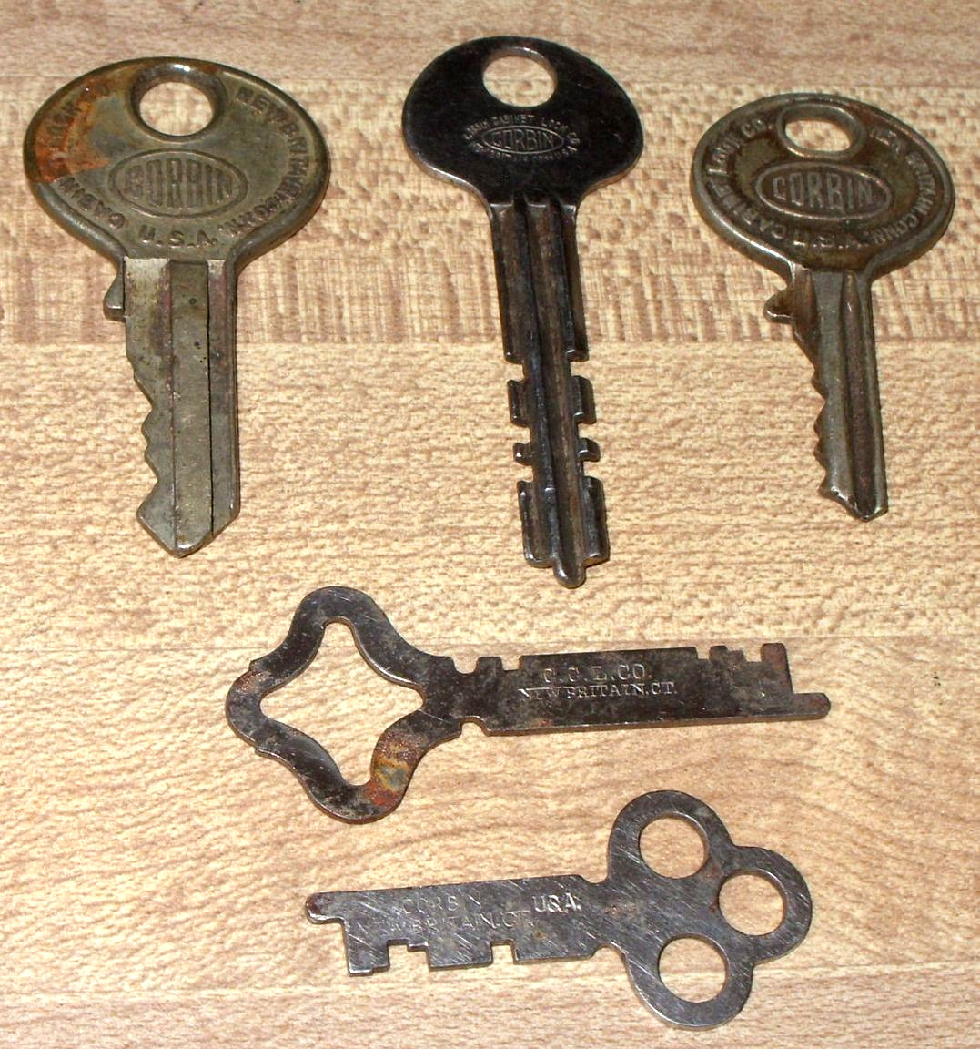 LOT OF 5 VINTAGE CORBIN CABINET LOCK CO. KEYS
