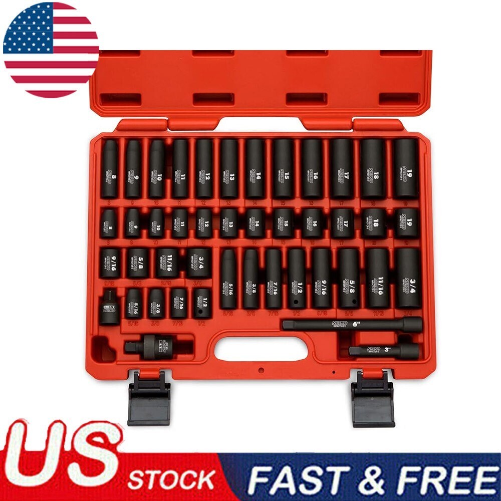 Impact Socket Set W/ Extension Bars U-Joint Metric Sizes Chrome Steel 44 Pieces