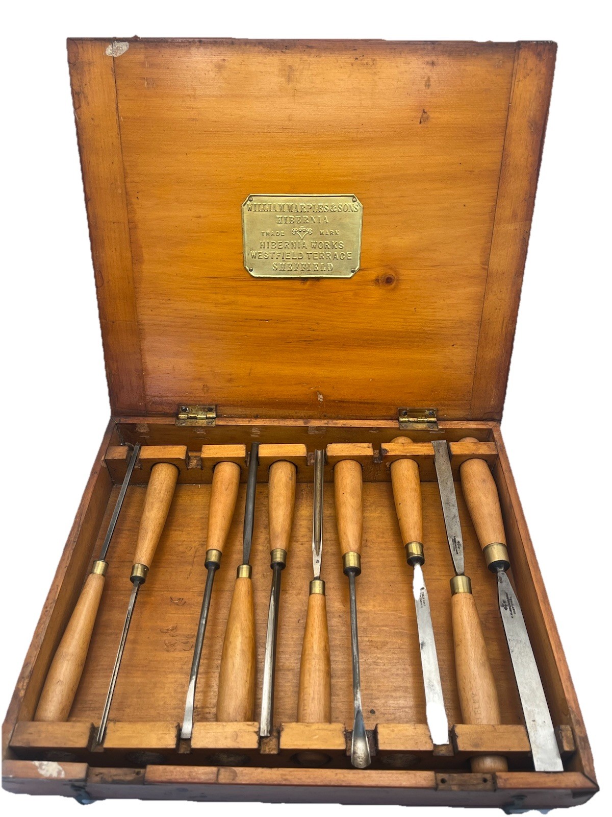 Rare Antique Marples Hibernia Gouge Chisel Set Original Display Box Brass Plaque