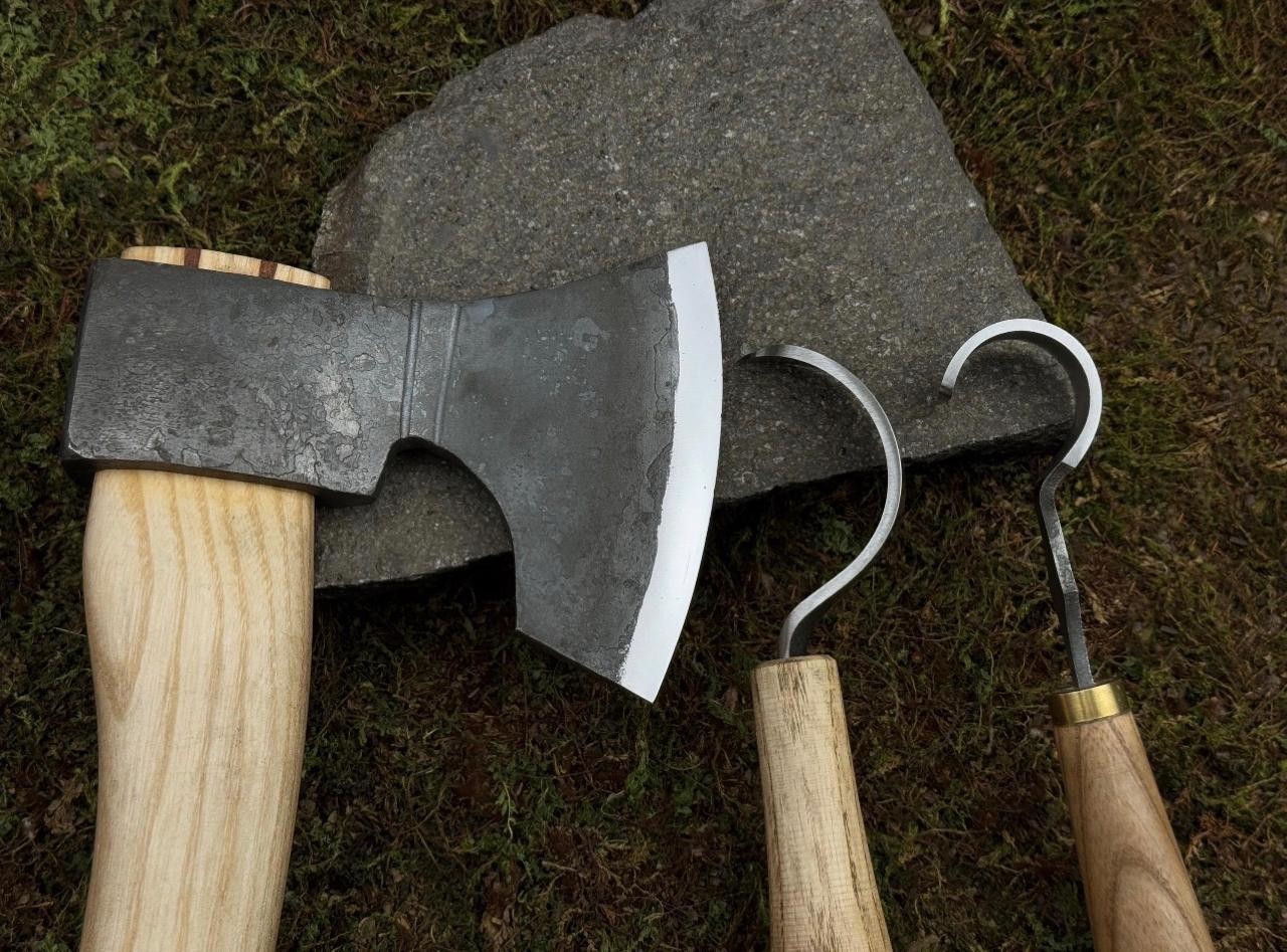 Hand Forged Axe & Wood Carving Tool Set w/ Leather Sheaths – Handmade Bushcraft
