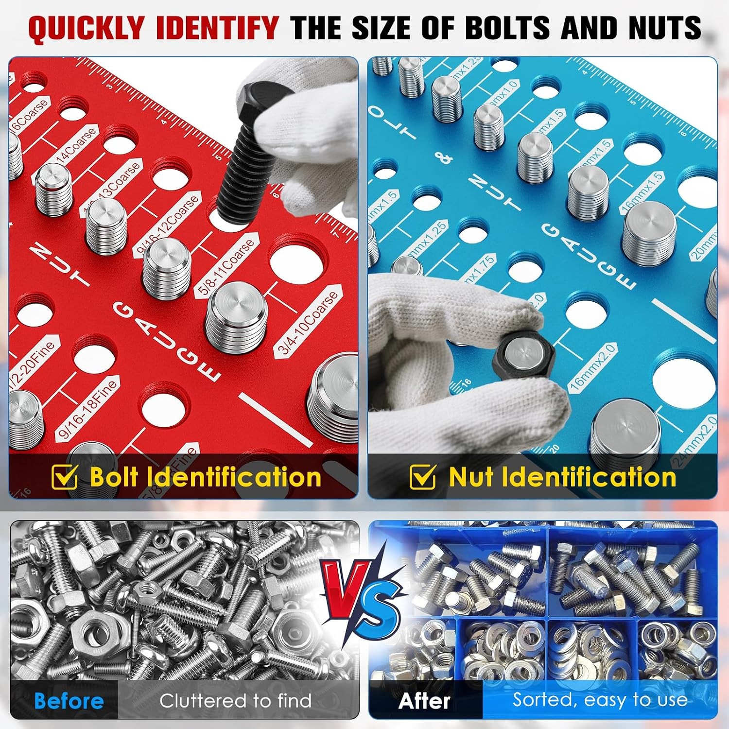 68 Nut & Bolt Thread Checker, Standard/Metric, 26+26 Bolt & 16 Drill Gauge