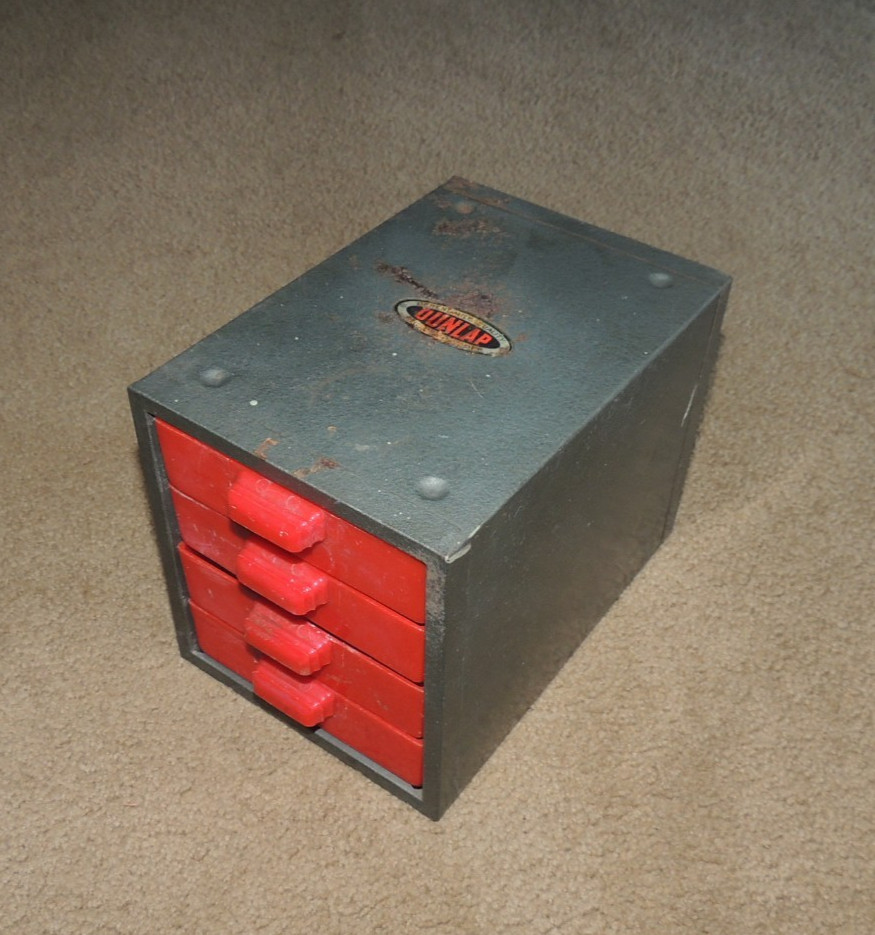 VTG. DUNLAP 4 Drawer Metal Cabinet Organizer Red Plastic Drawers Small Parts USA