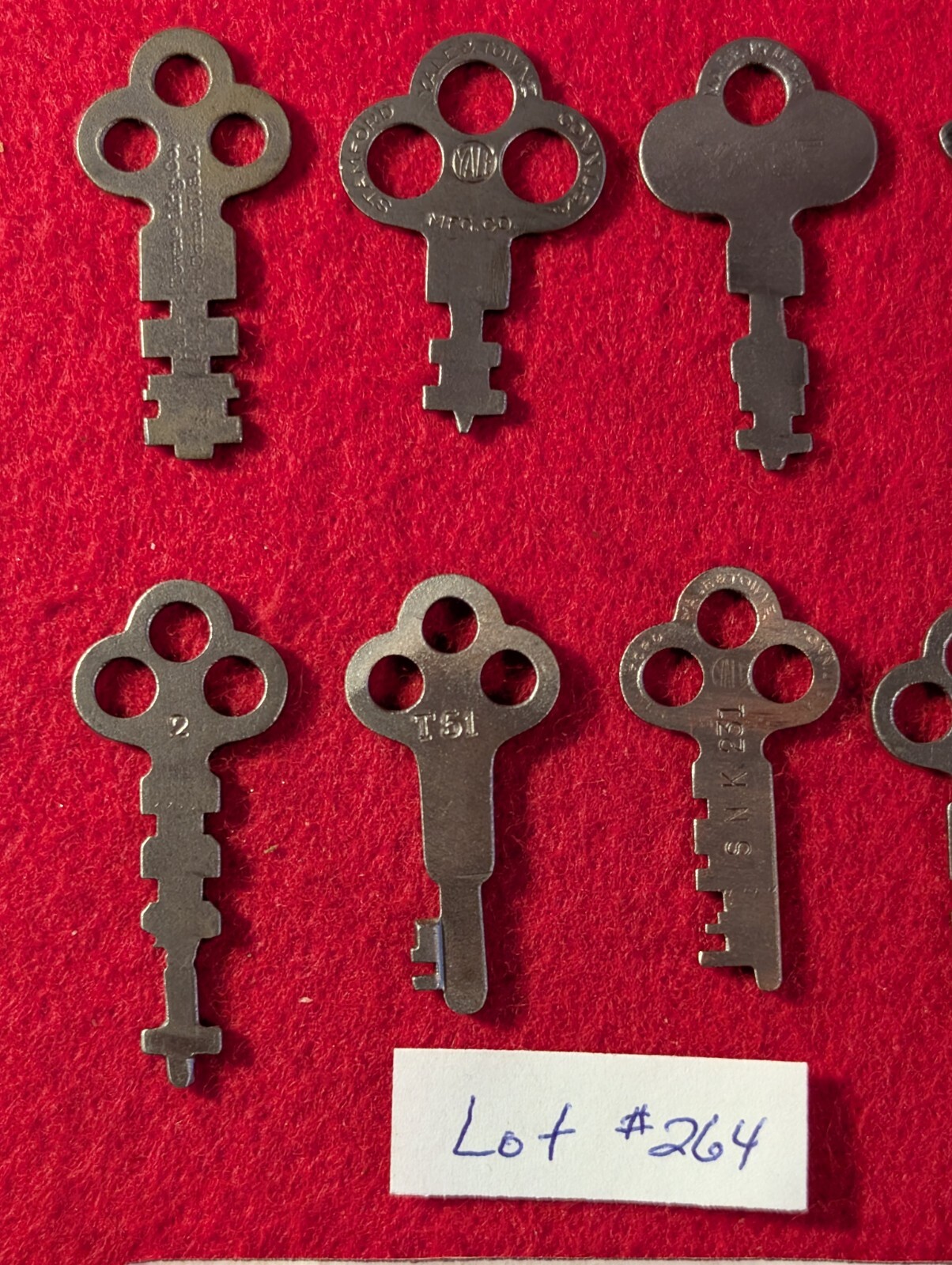 8 VINTAGE 1880’s “YALE” FLAT STEEL KEYS, OLD ANTIQUE LOCK & KEY LOT #264