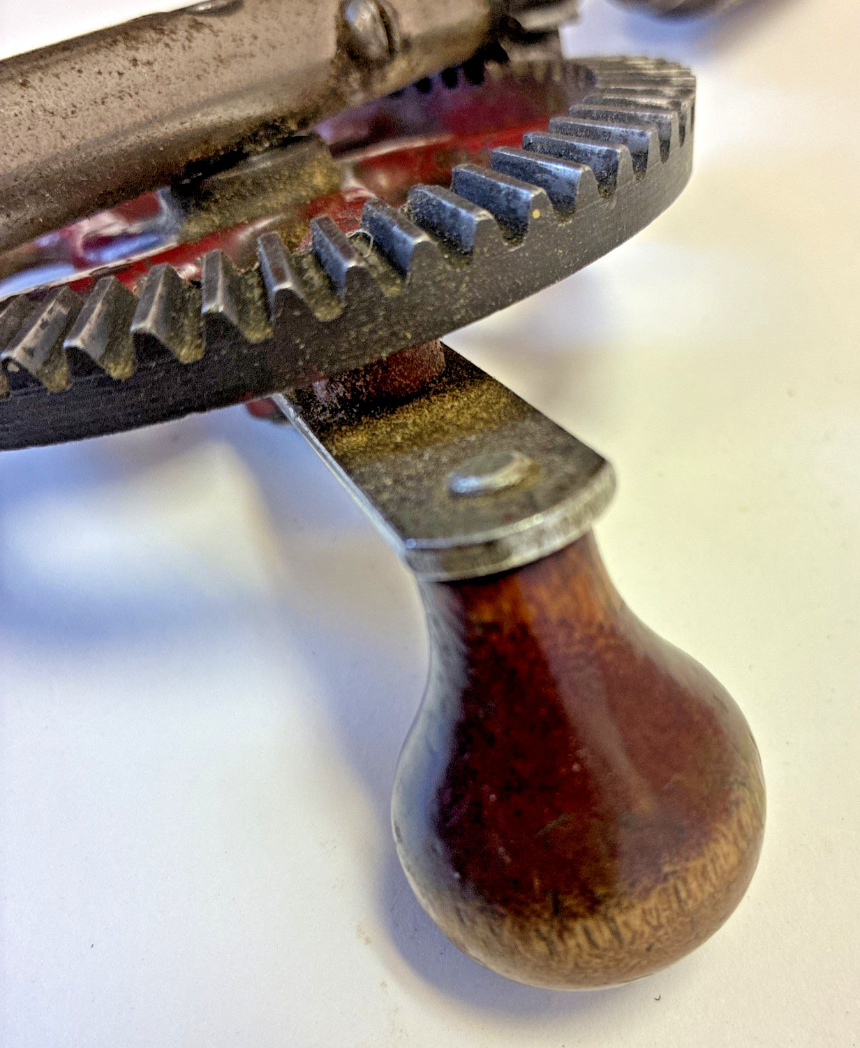 Vintage Hand Drill Wood Handle Eggbeater Style – Unmarked Manual Red Gear Drill