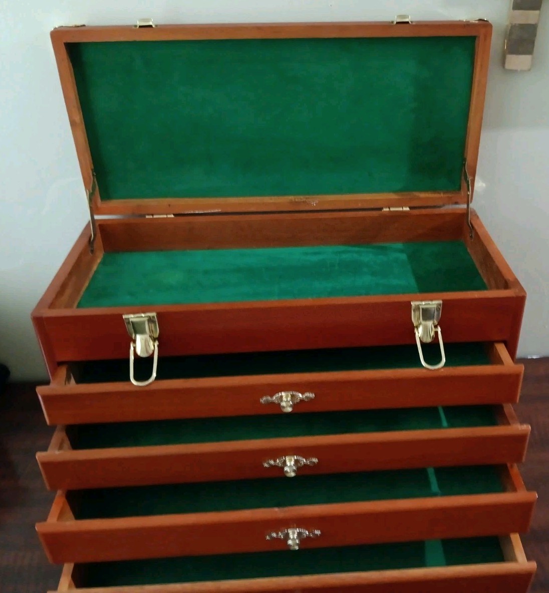 Antique Oak 4 Drawer Tool Chest Storage Box Cabinet Felt Lined 21″X12.5″X9.5″