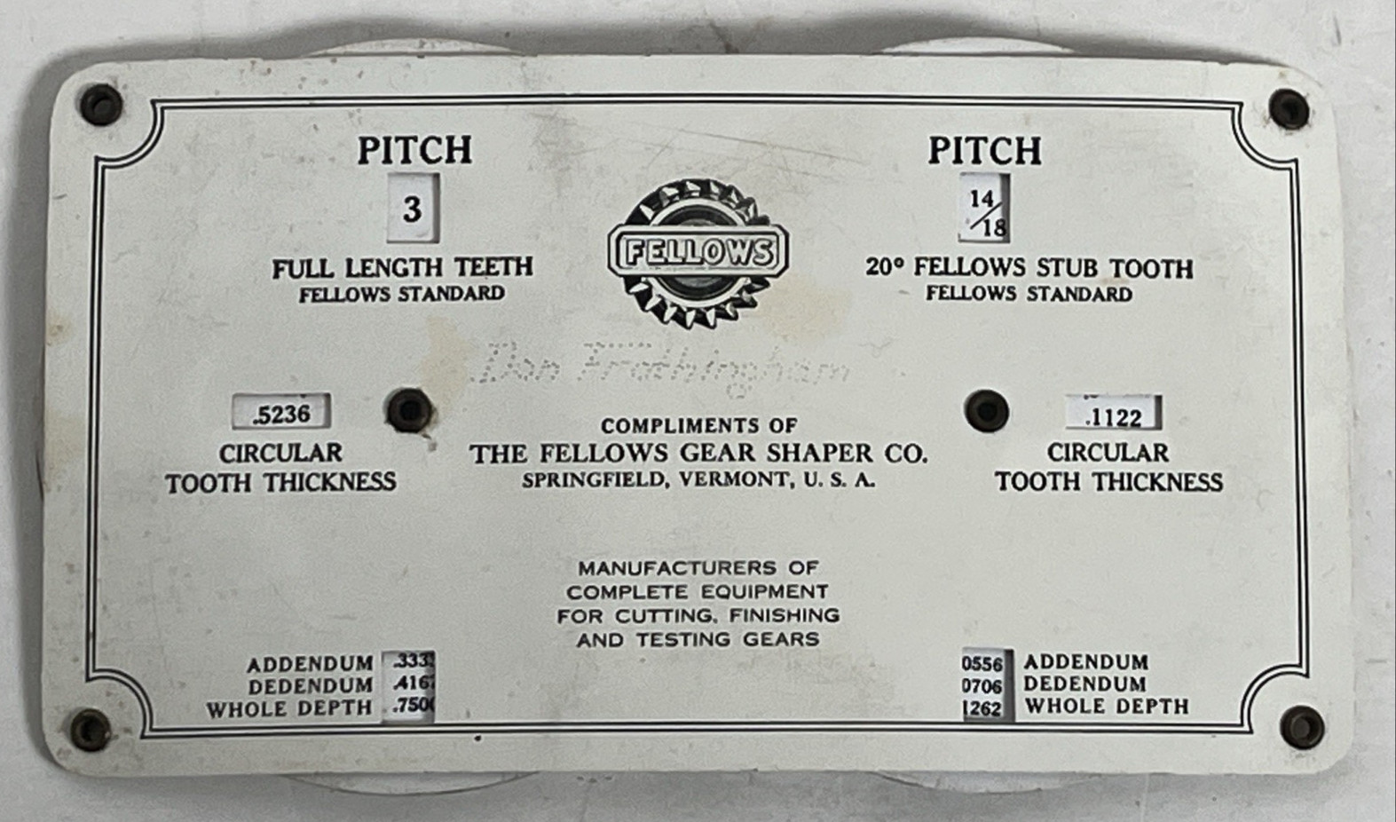 Vintage Fellows Gear Shaper Co Original Chordal Tooth Dimensions Bastian Bros NY