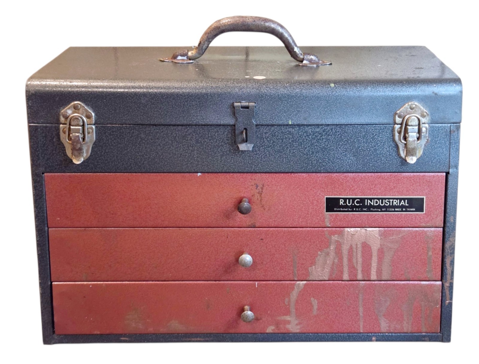Vintage R.U.C Industrial Metal Tool Box Chest 3 Drawer Steel Taiwan 19x9x14