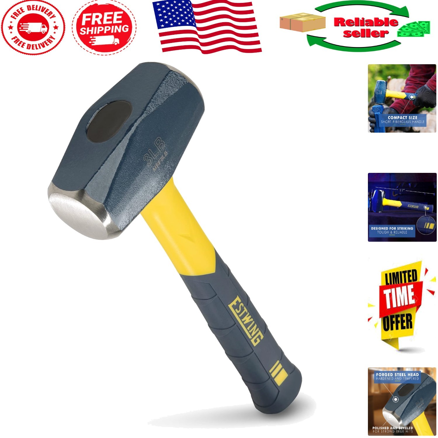 Sure Strike 3 lb Drilling Hammer with Forged Steel Head & Fiberglass Handle