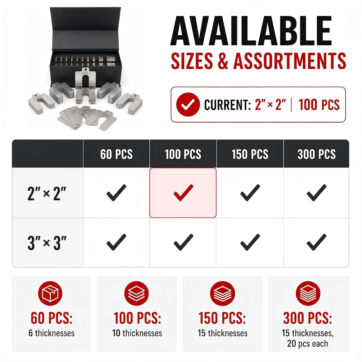 304 Stainless Steel Shim Kit,100 PCS 2″ X 2″ Slotted Shims Assortment, 10 Thickn