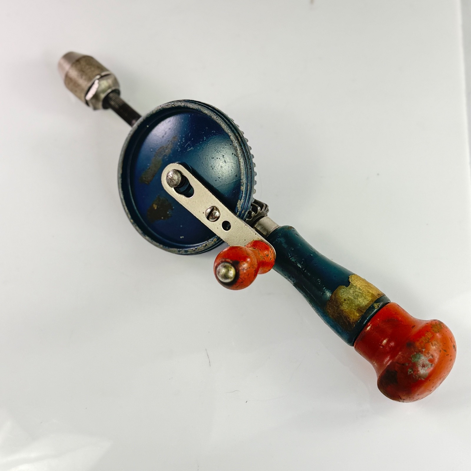 Vintage Bevel Gear Hand Drill Morse Taper Chuck Red Blue Handle 10″