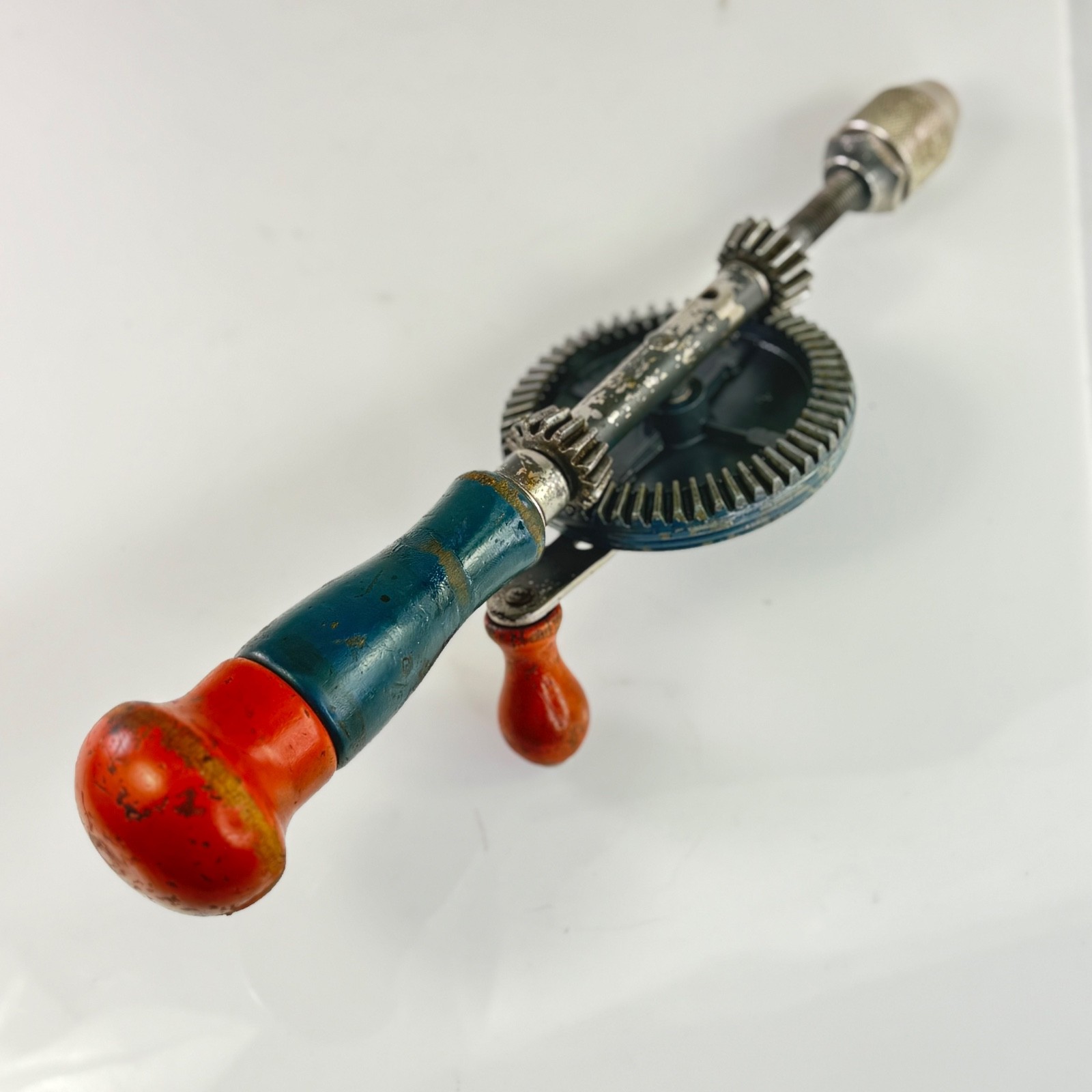 Vintage Bevel Gear Hand Drill Morse Taper Chuck Red Blue Handle 10″