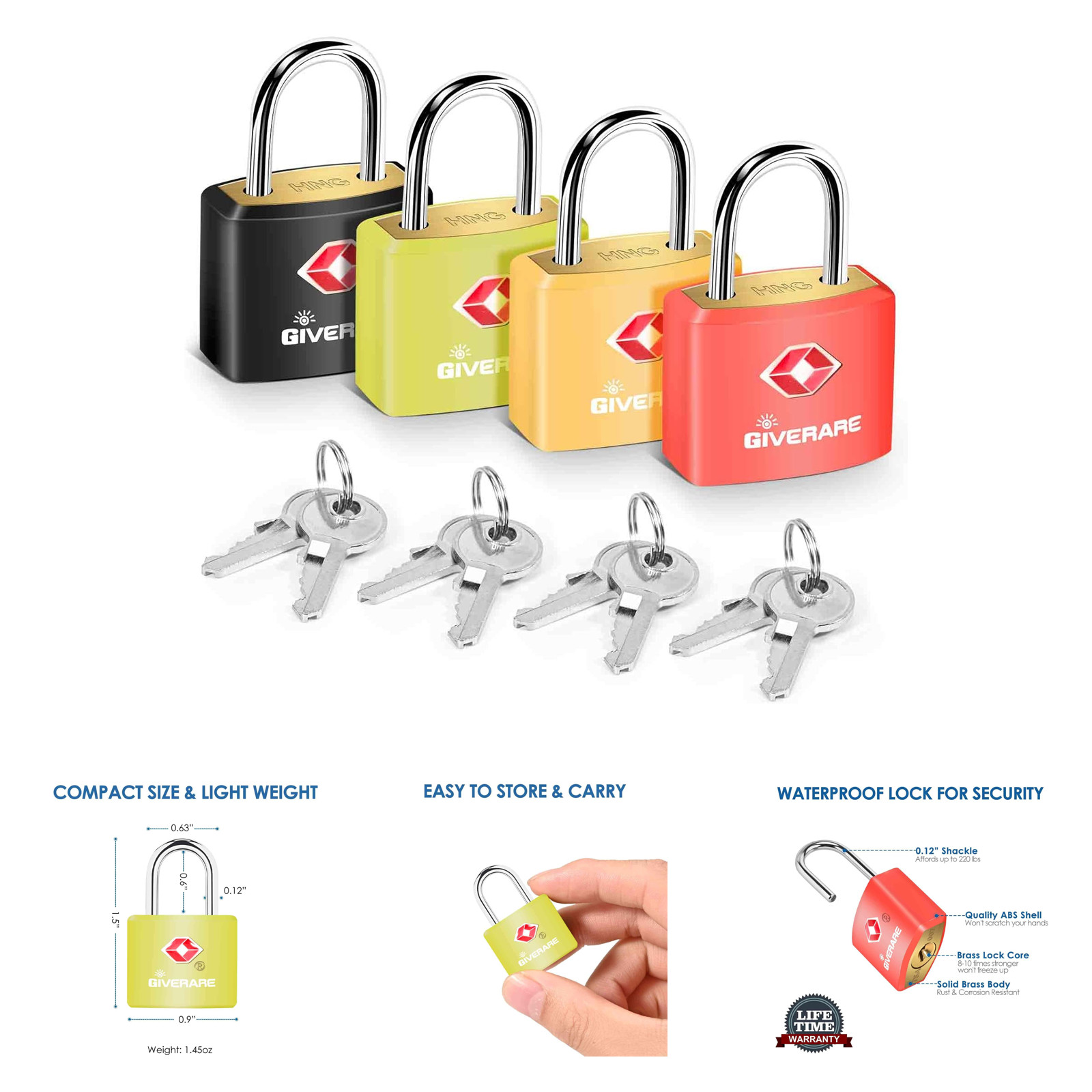 Travel Luggage Locks with Keys, Solid Brass Copper TSA Approved Padlock, Small