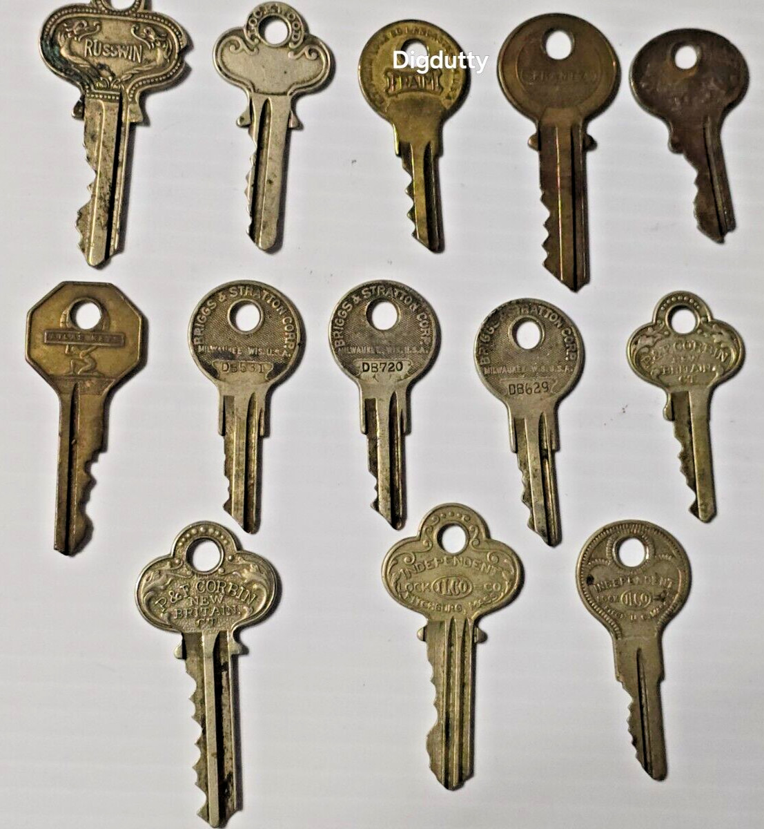 13 Vtg Key P&F Corbin, Independent Lock Co. Russwin, Lock Wood, Fraim, Frantz