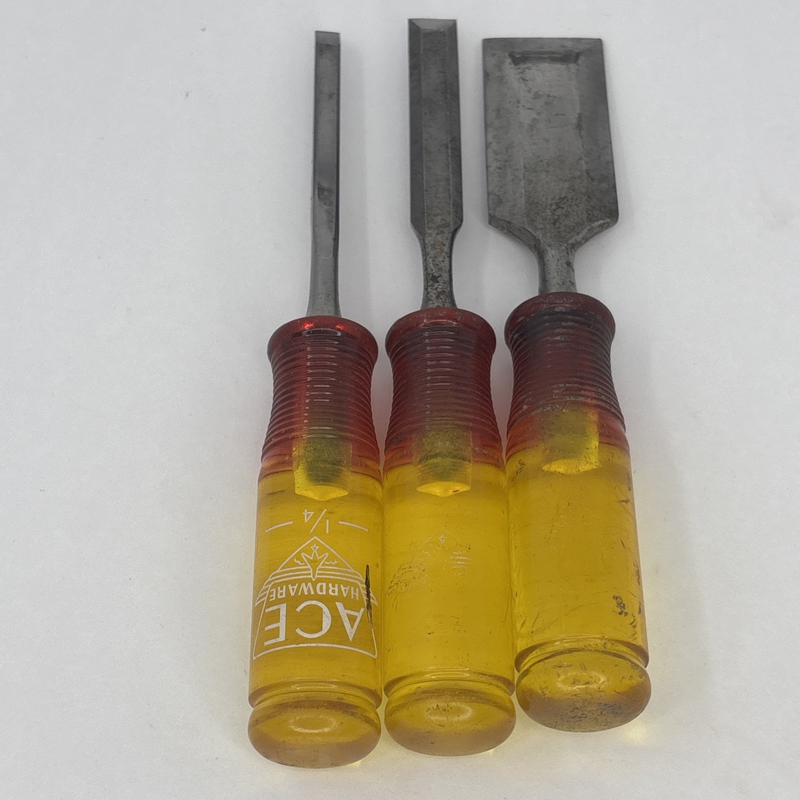 Ace Hardware Wood Chisel 3 PC Set Vtg Red & Yellow Resin Hdl 1/4″ 1/2″ 1-1/4″