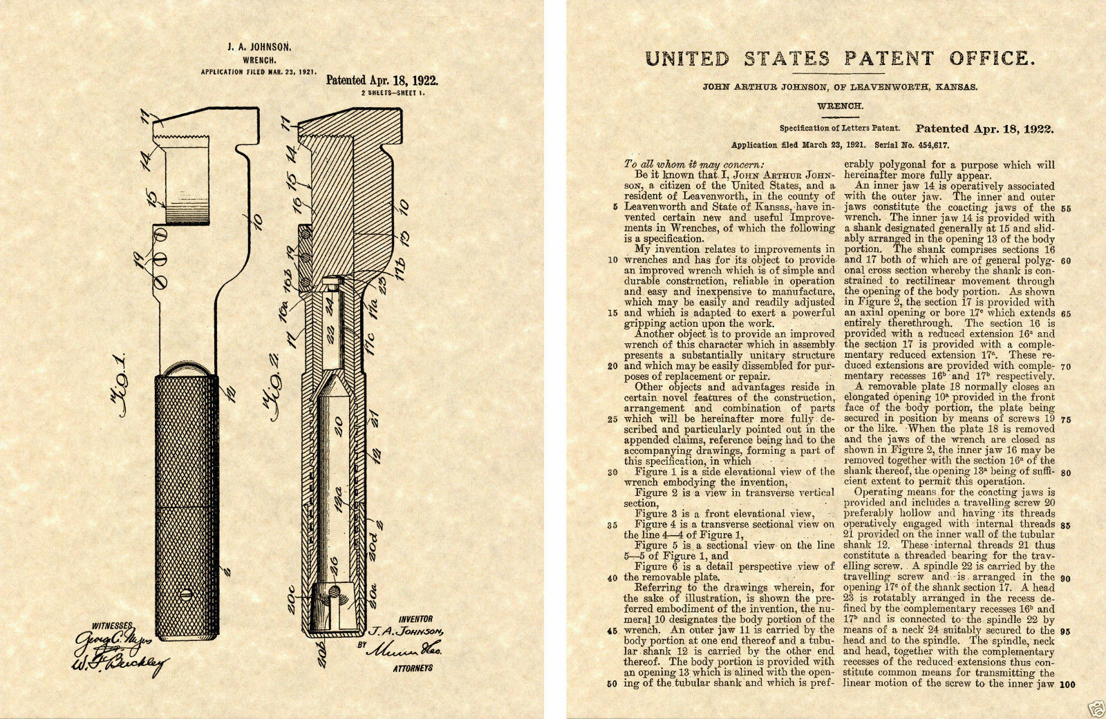 1922 Adjustable WRENCH US Patent Art Print READY TO FRAME Vintage tool first