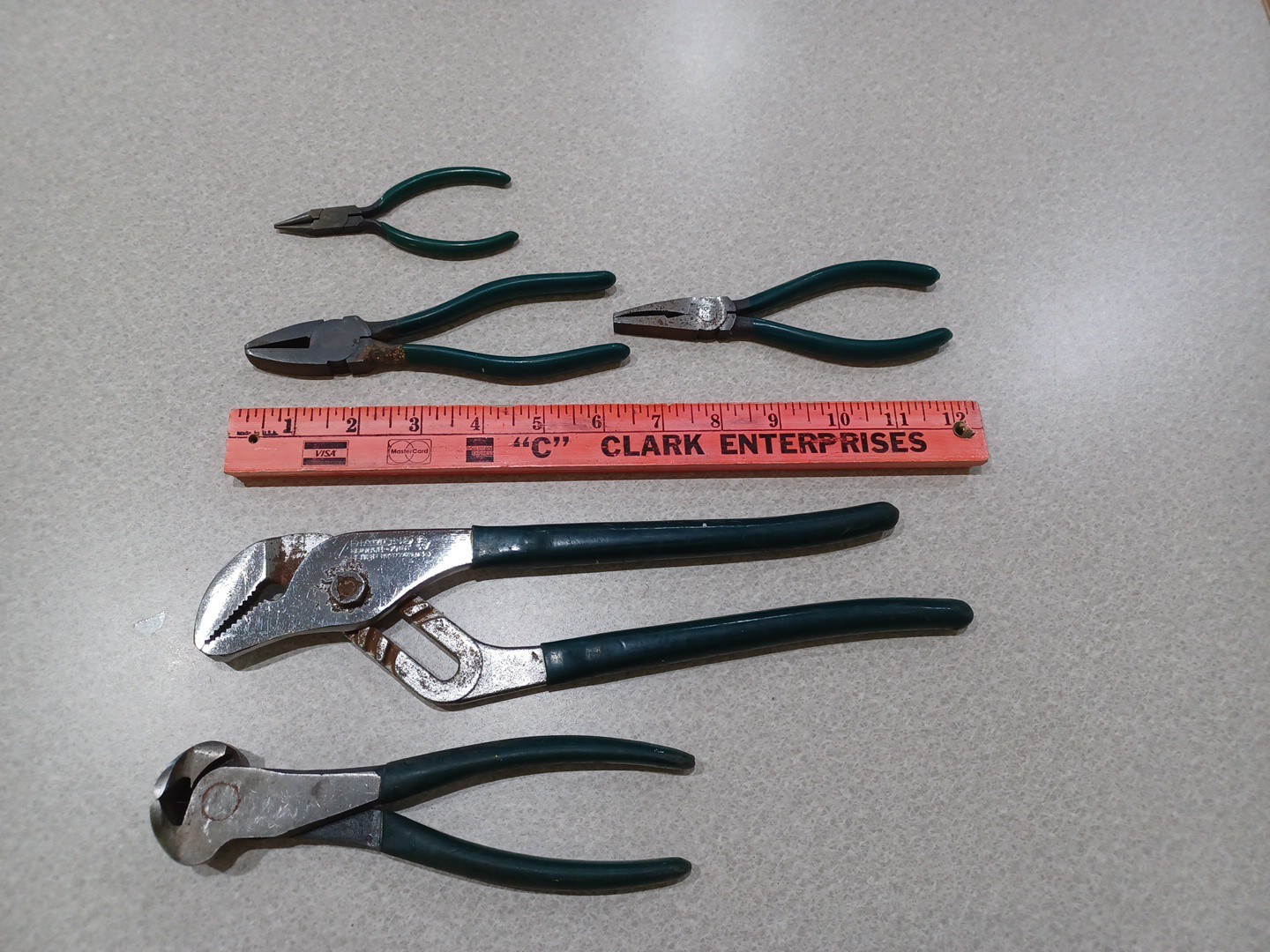 VINTAGE 5 Piece Green Handle Diamond Plier Set. USA GC6, G57, HL112P glass plier