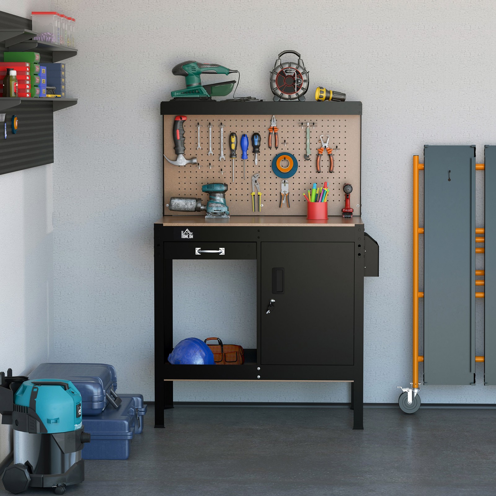 Workshop Table Garage Work Bench w/ 20 Hook Peg Board, 220 lbs Capacity