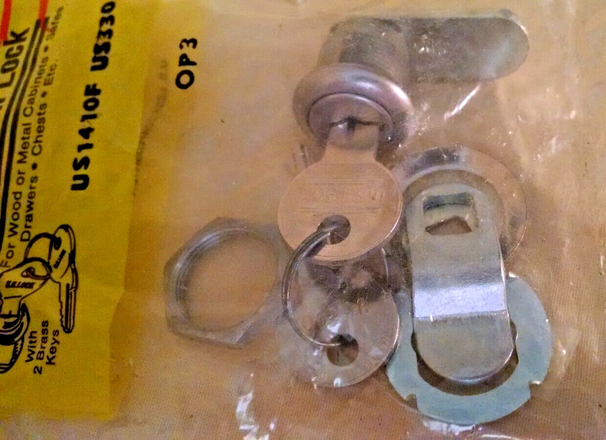 CAM LOCK NEW US LOCK CORP USA 2 BRASS KEYS US1410F US330 OP3 WOOD METAL DRAWERS.