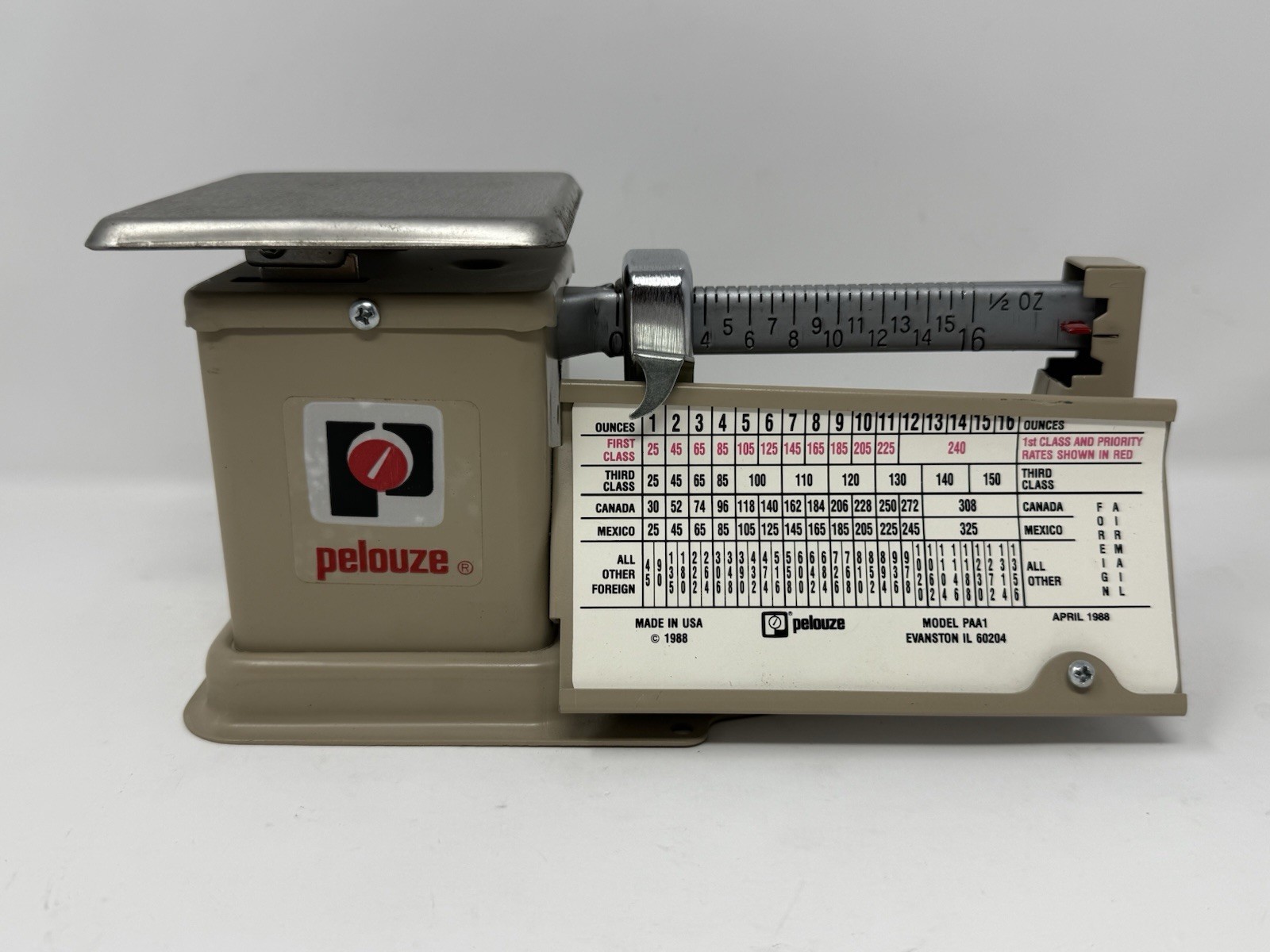 Vintage Pelouze 1985 Balance Beam Postal Scale 1-16oz. Model PAA-1
