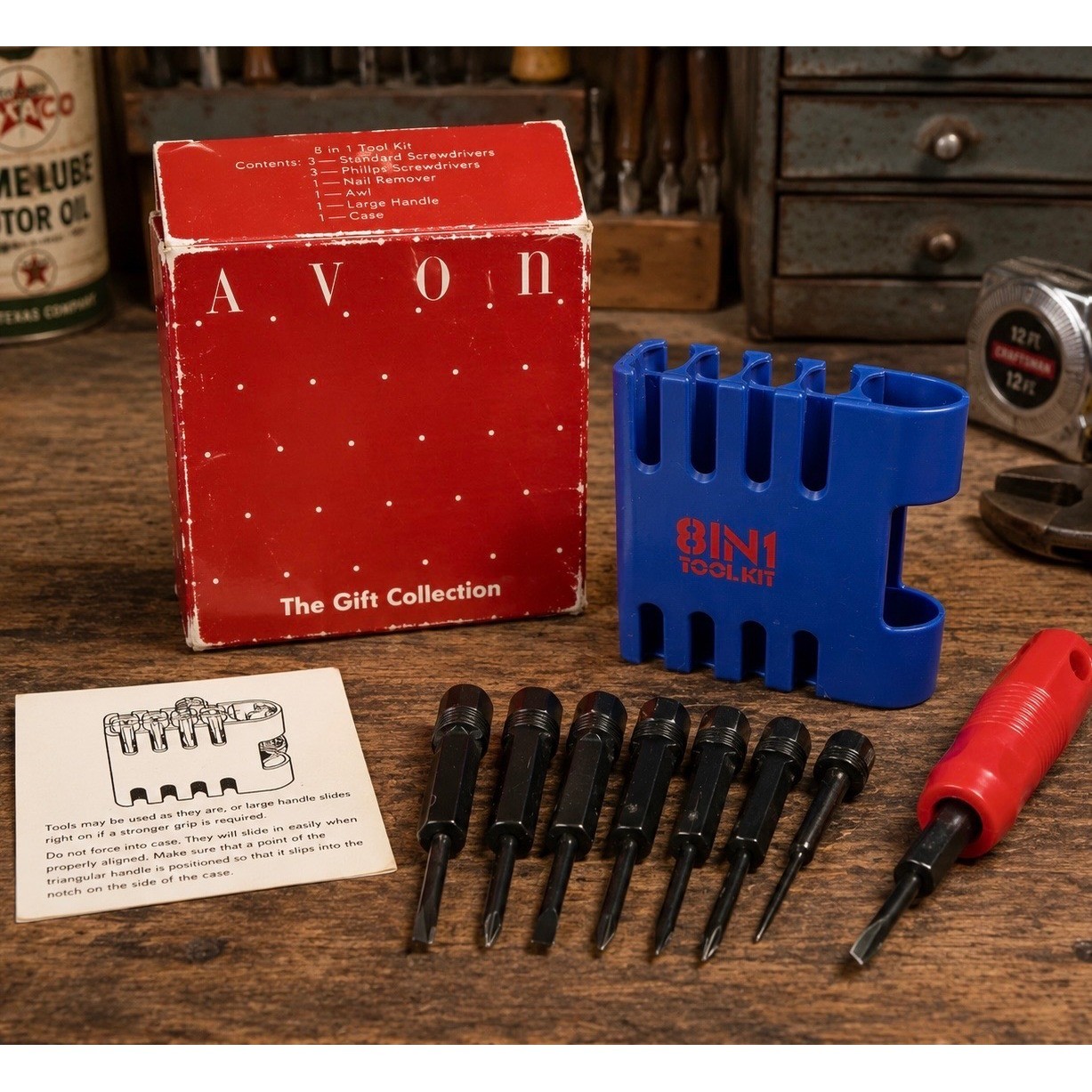 Vintage Avon 8 In 1 Tool Kit Complete Screwdriver Set w/ Box Taiwan NOS