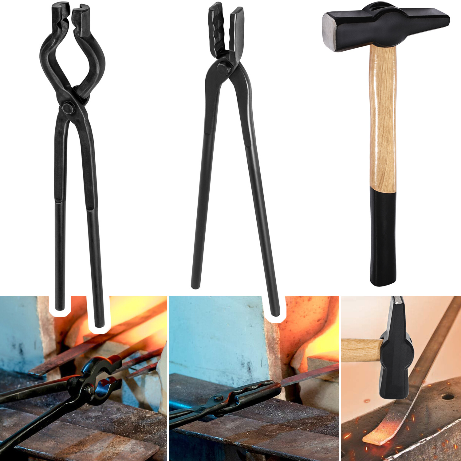 Blacksmith Tong+Hammer Set Knife Making Wolf Jaw V-Bit Tong Vise Forge Tool 3pcs